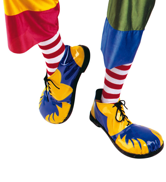 Widmann Clownschuhe mit rutschfesten Gummisohlen in vier bunten Mustern, unisex Design.