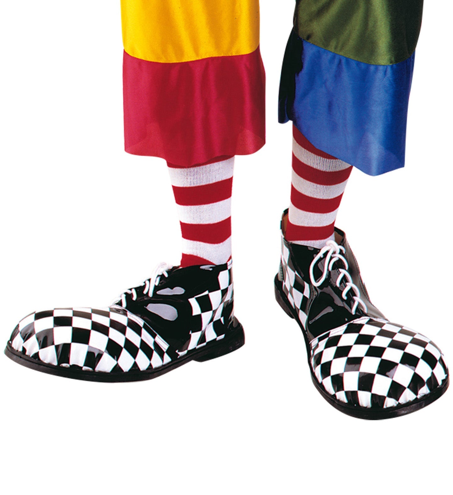 Widmann Clownschuhe mit Gummisohlen in vier bunten Mustern für optimalen Halt und Komfort.