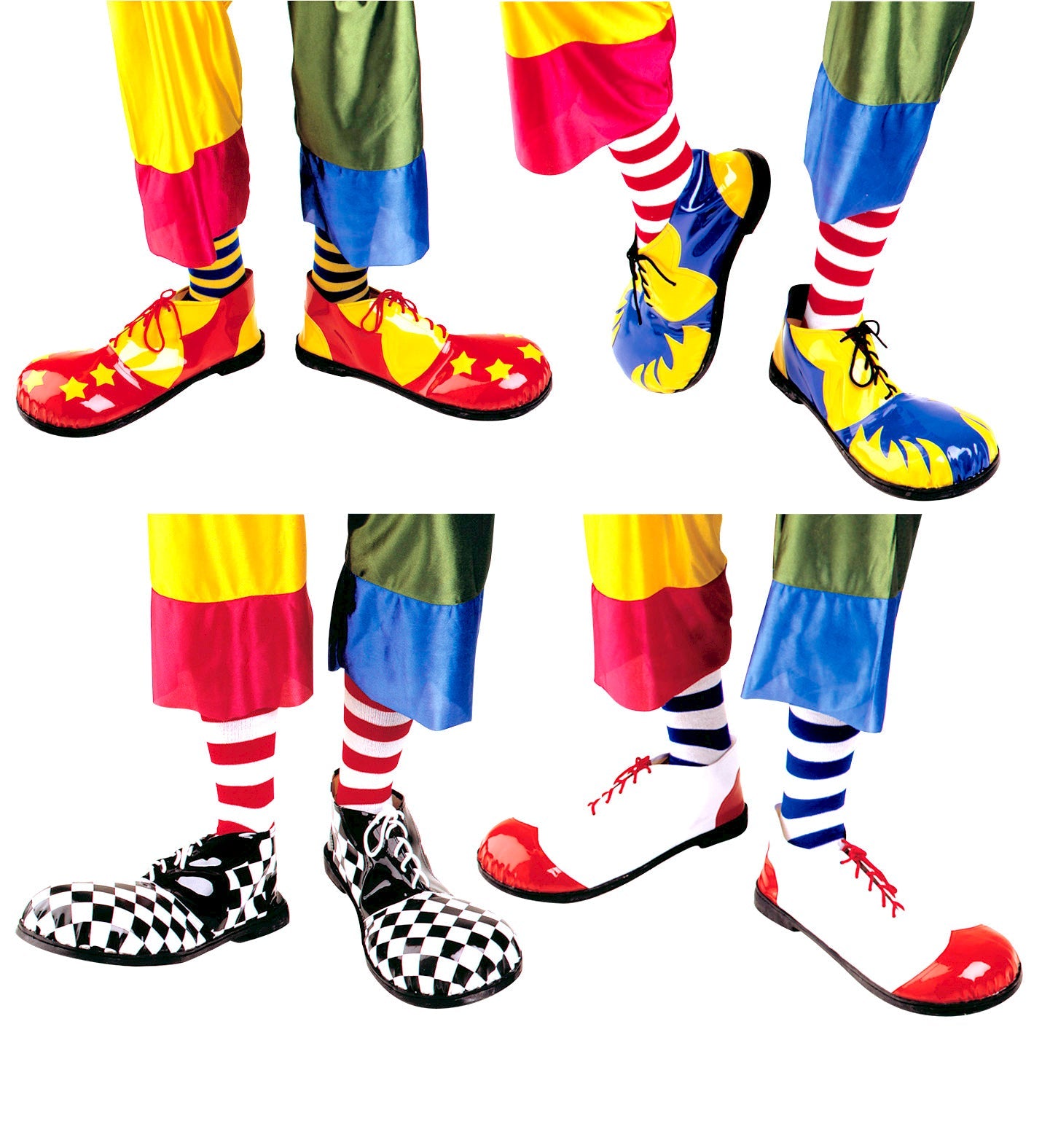 Widmann Clownschuhe mit Gummisohlen in vier bunten Mustern für optimalen Komfort und Halt.