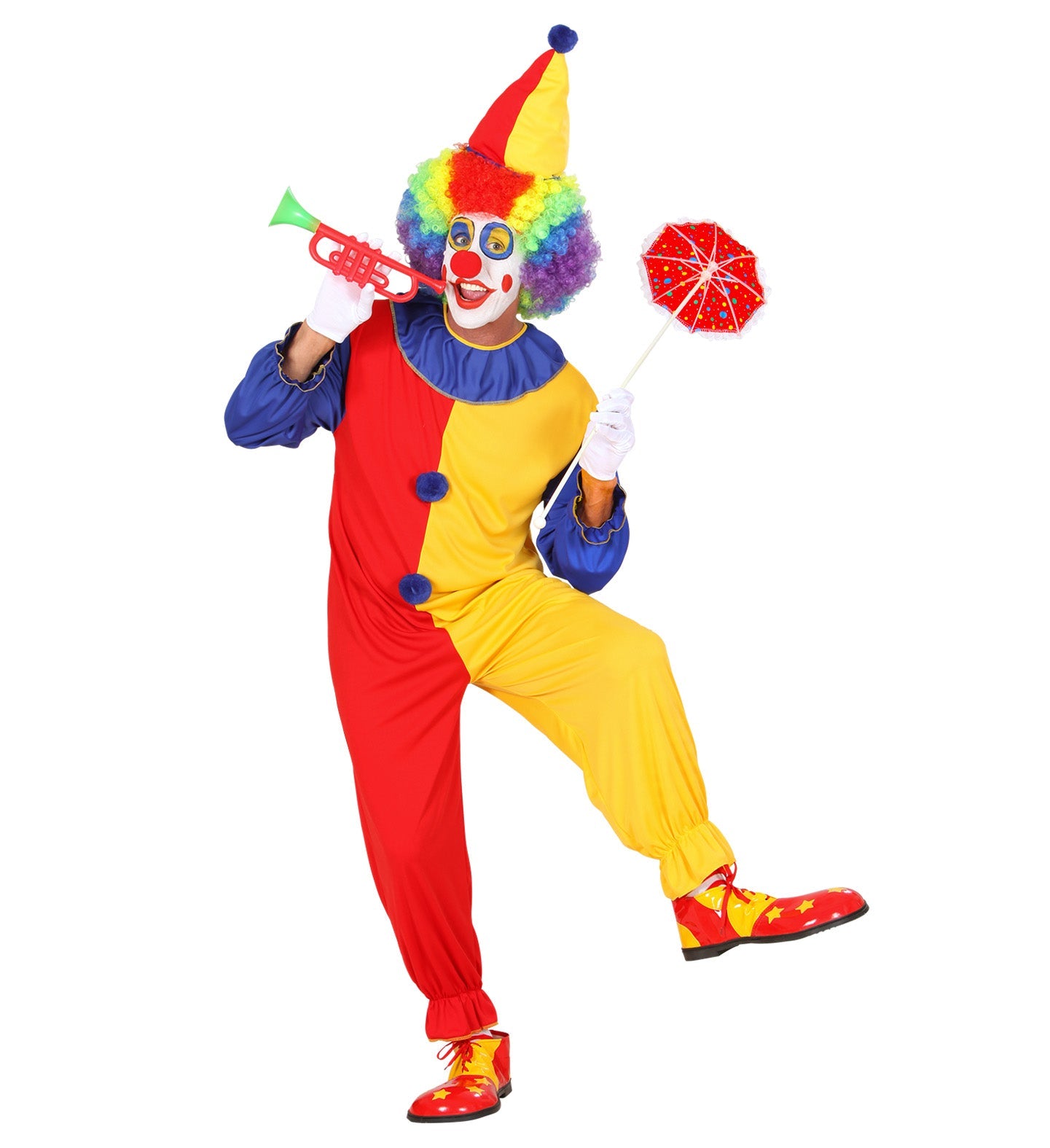 Widmann Clownschuhe mit Gummisohlen in vier bunten Mustern und geräumiger Zehenbox.