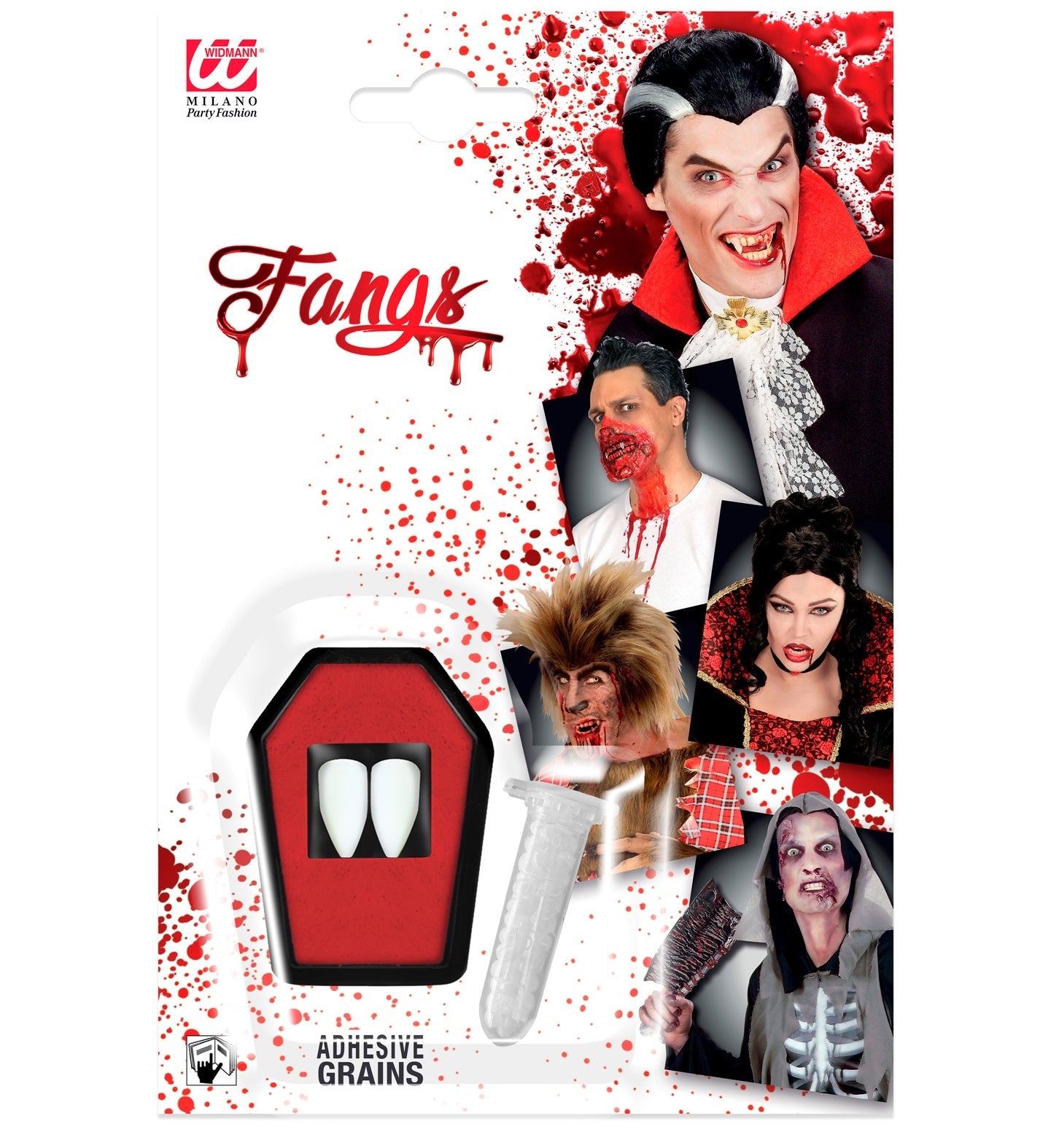 Widmann Profi Vampirzähne mit realistischen weißen Fängen und Dentalkleber im schwarzen Sarg