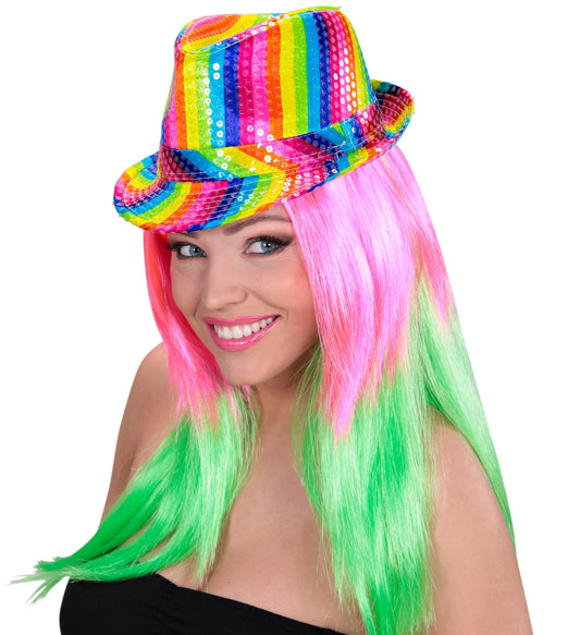 Woman wearing a rainbow sequin fedora hat with pink-to-green neon wig.