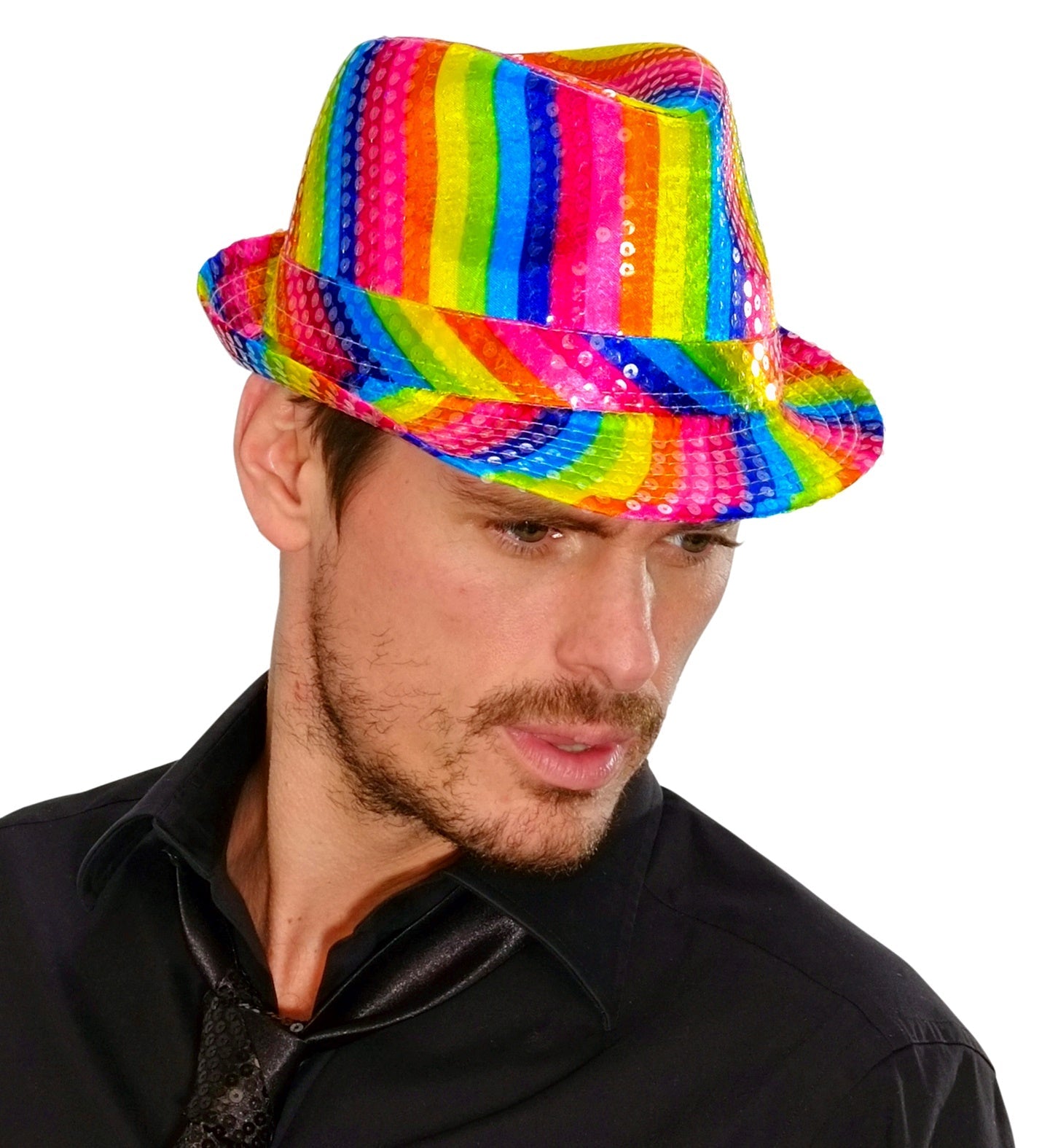 Man wearing a colorful rainbow sequin fedora hat with neon stripes.