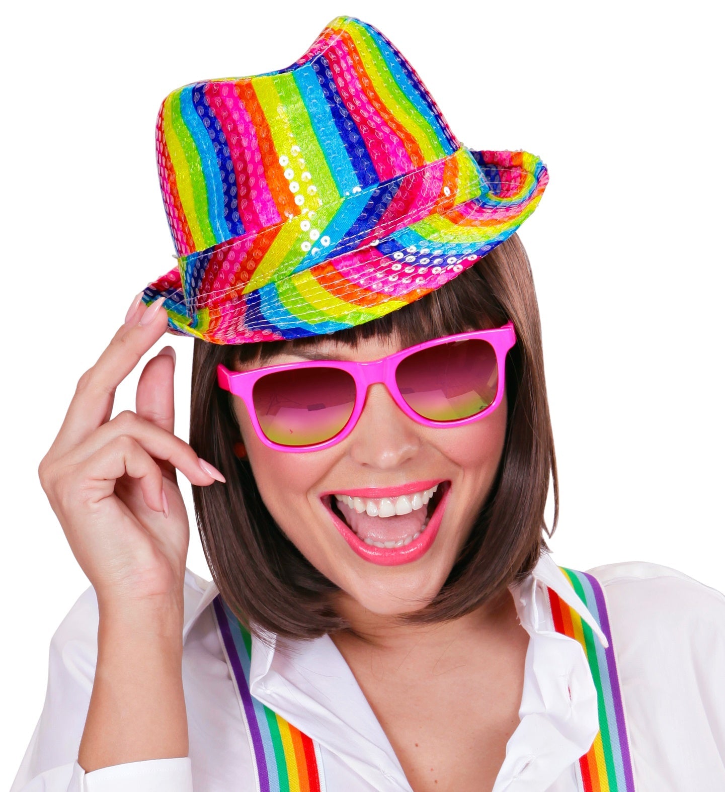Rainbow sequin fedora hat in vibrant colors, modeled on a smiling woman with pink sunglasses.