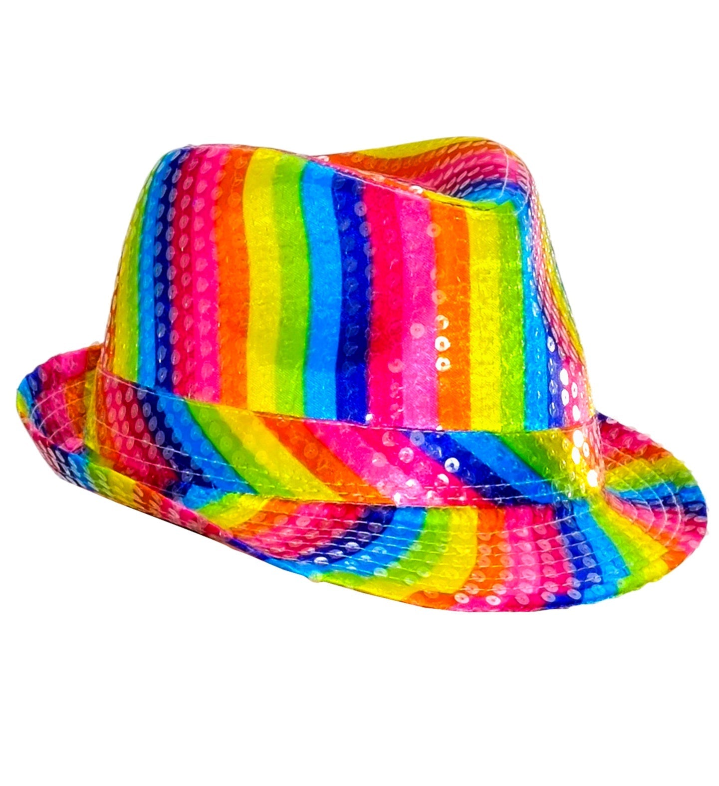 Rainbow sequin fedora hat with neon multicolored stripes.