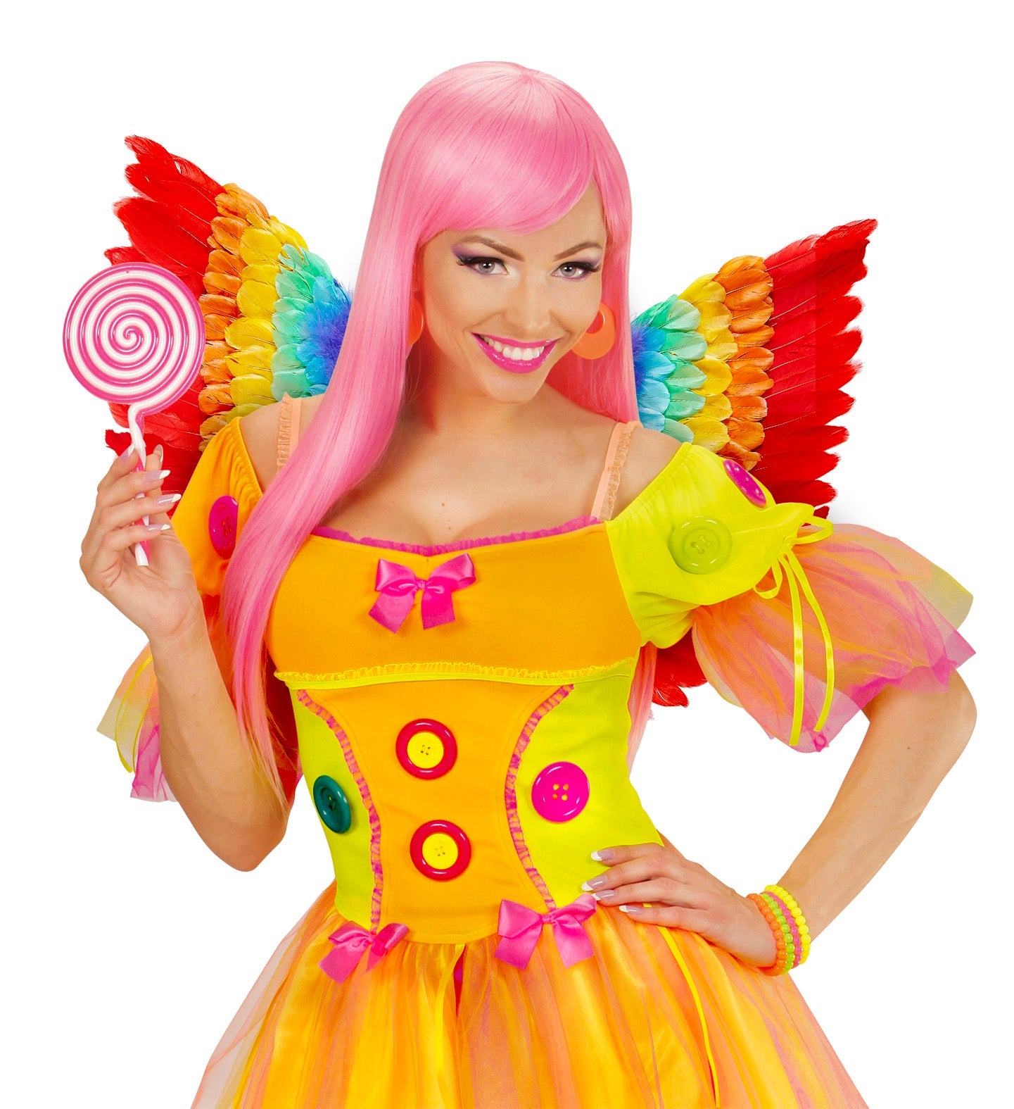 Rainbow neon feather wings with UV-reactive colors, measuring 60x40cm, on a model.