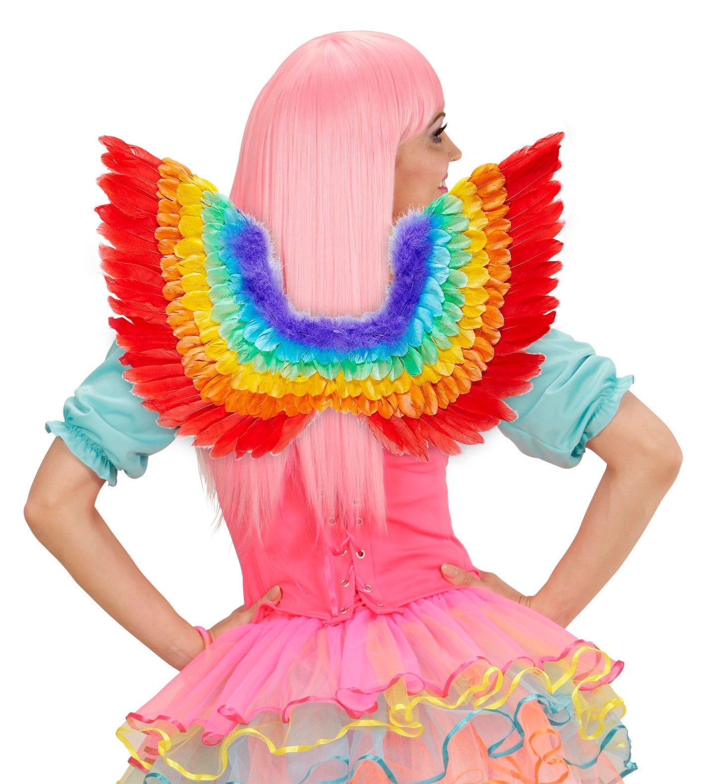 Woman wearing pink wig and tutu with rainbow neon feather wings on back.