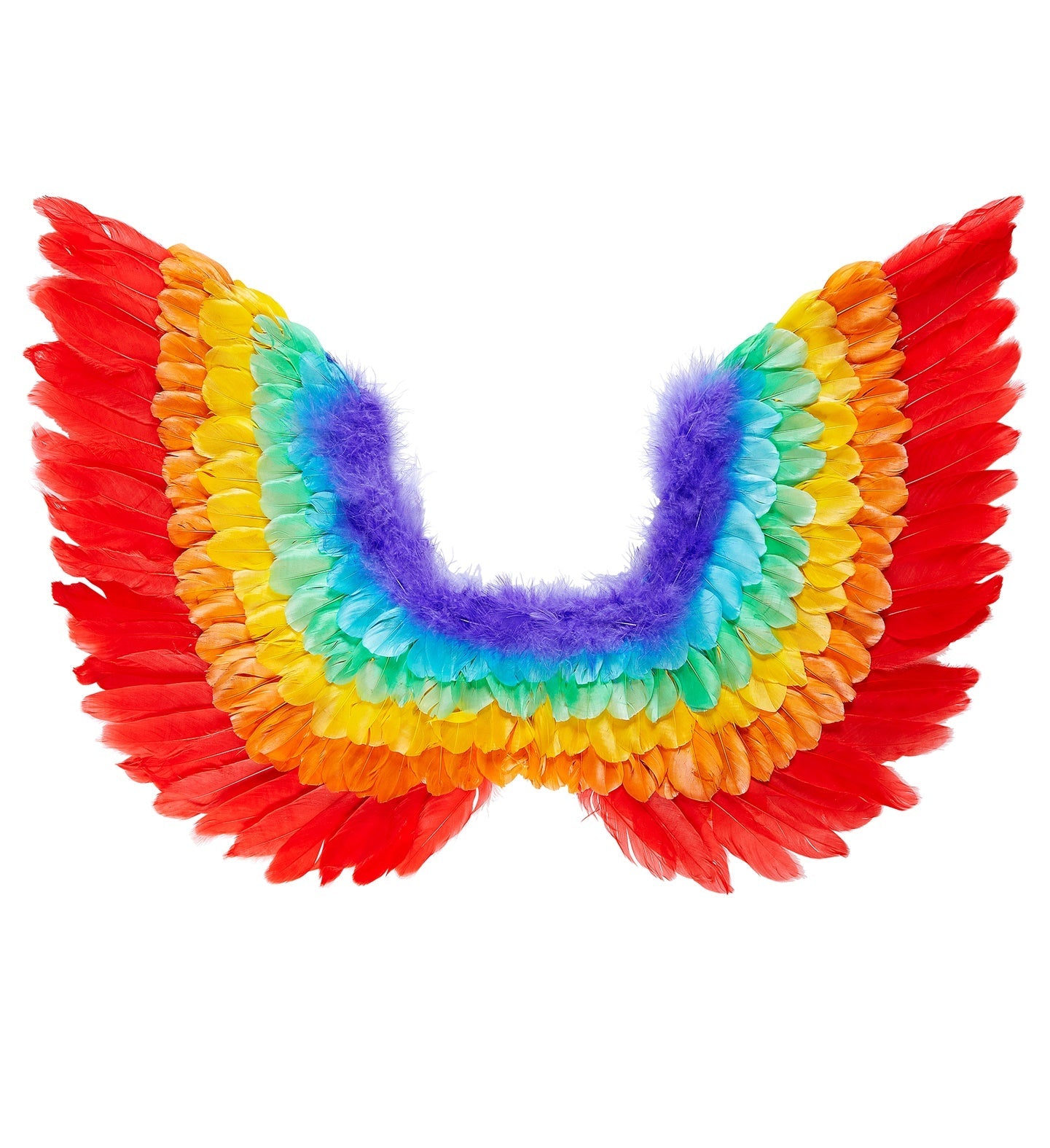 Rainbow neon feather wings with UV-reactive colors, 60x40cm size.