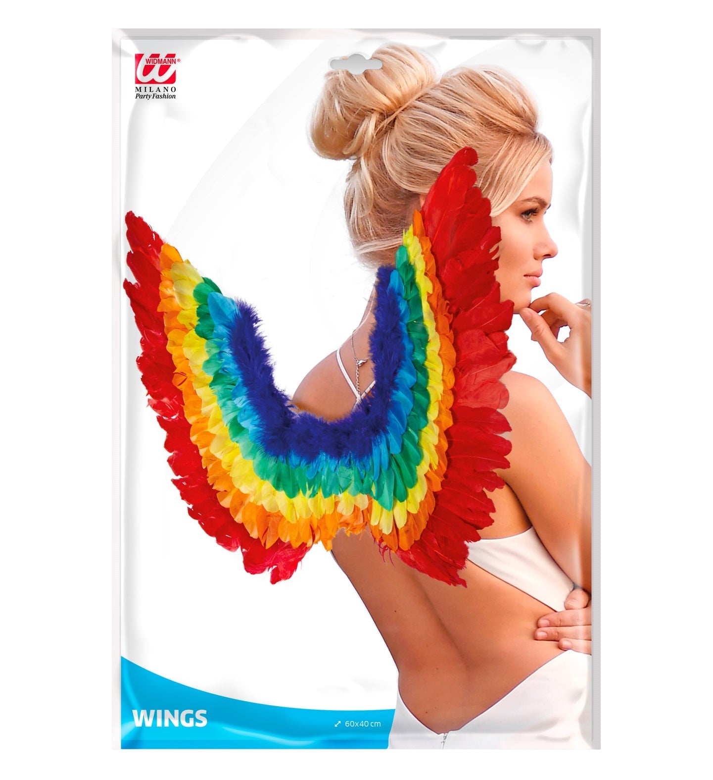 Rainbow neon feather wings with UV-reactive colors on a model.