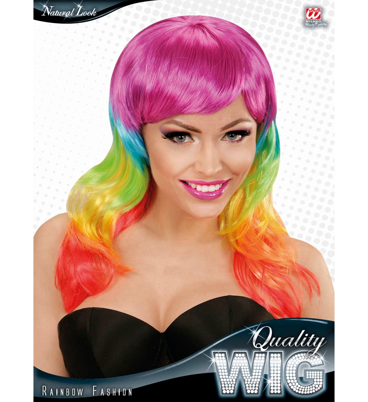 Widmann Rainbow Neon Perücke with UV-reactive synthetic hair in pink-to-rainbow gradient.