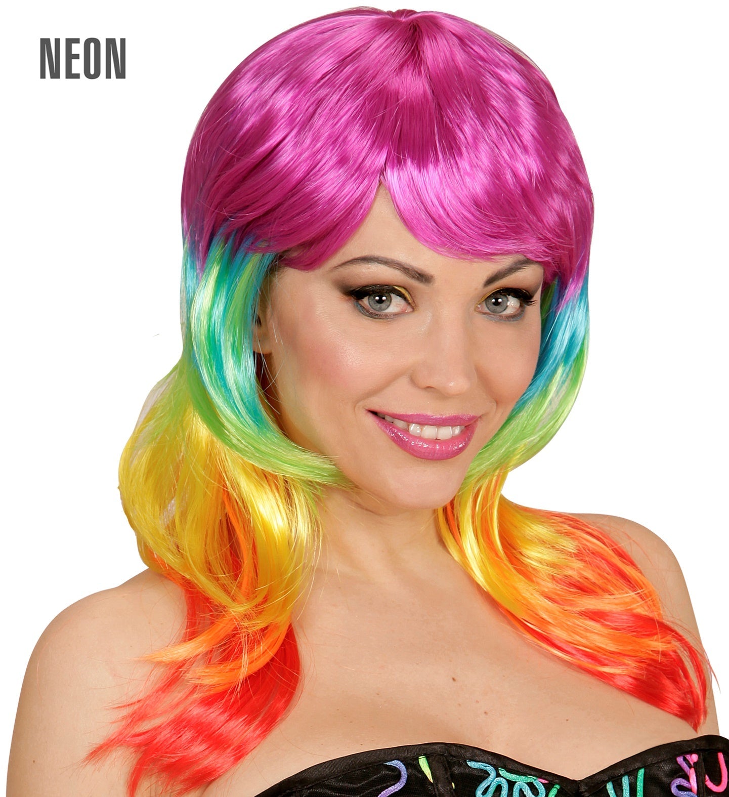 Woman wearing a UV-reactive synthetic wig with neon pink, green, and rainbow gradient hair.