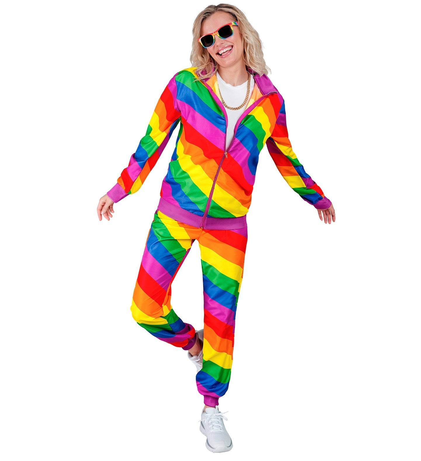 Unisex rainbow neon tracksuit with retro 80s/90s stripes, full-zip jacket, and joggers.