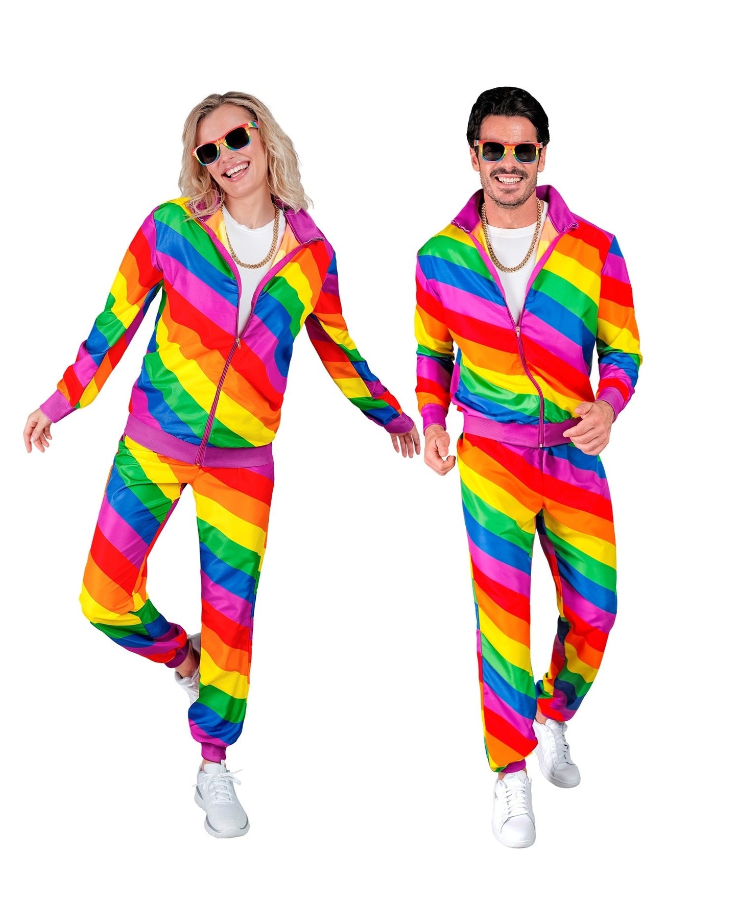 Unisex rainbow neon tracksuit with jacket and pants, 80s/90s retro style.