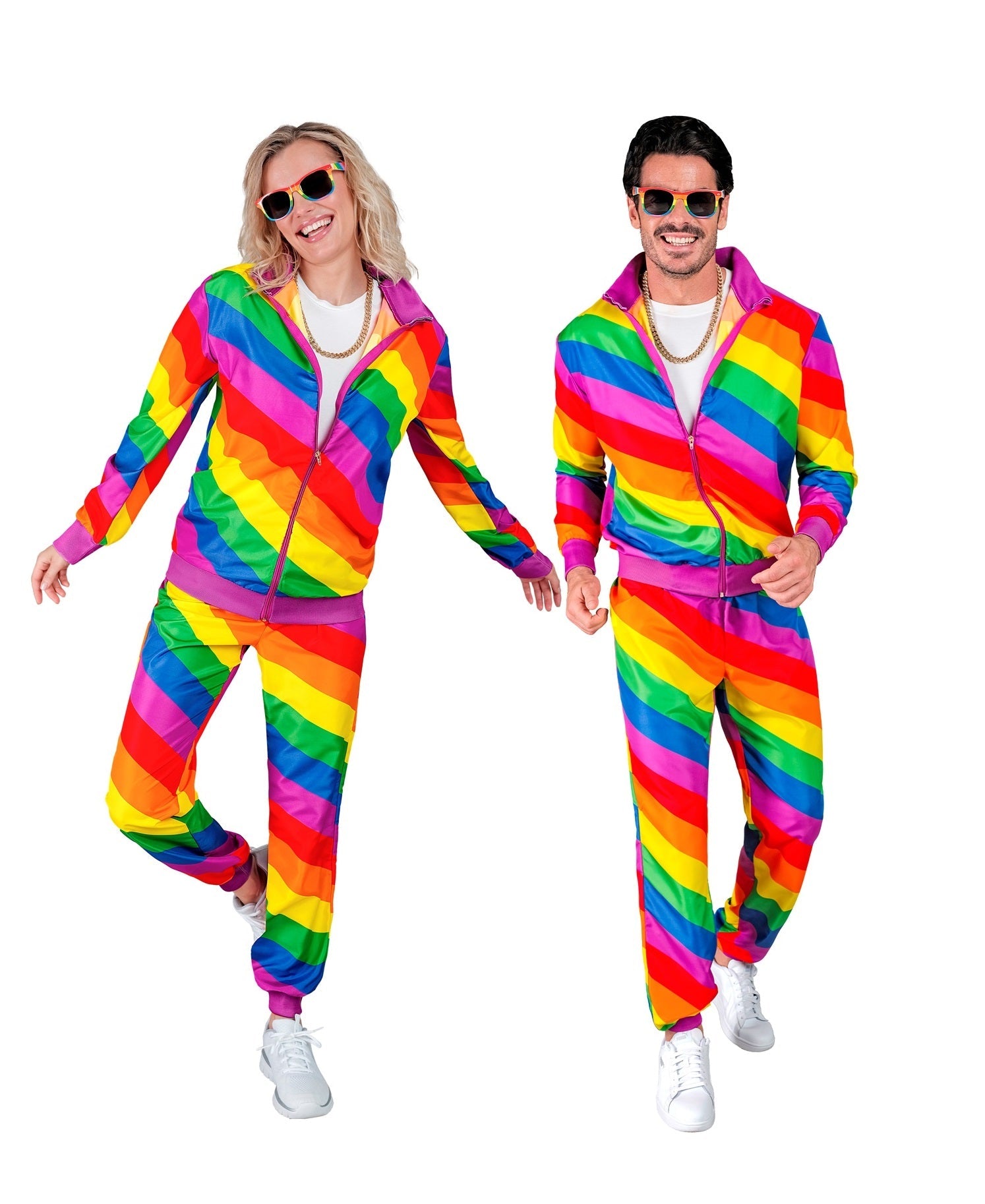 Unisex rainbow neon tracksuit with jacket and pants, 80s/90s retro style.