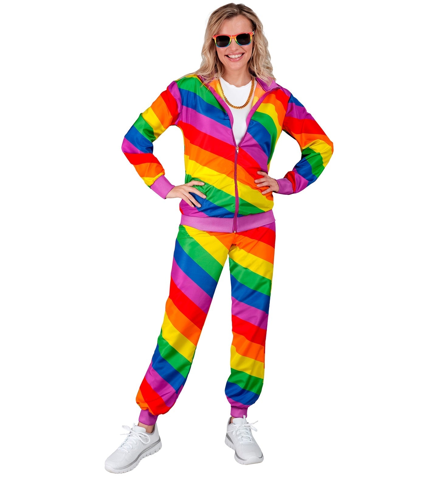 Woman modeling a unisex rainbow neon tracksuit with retro 80s/90s stripes.