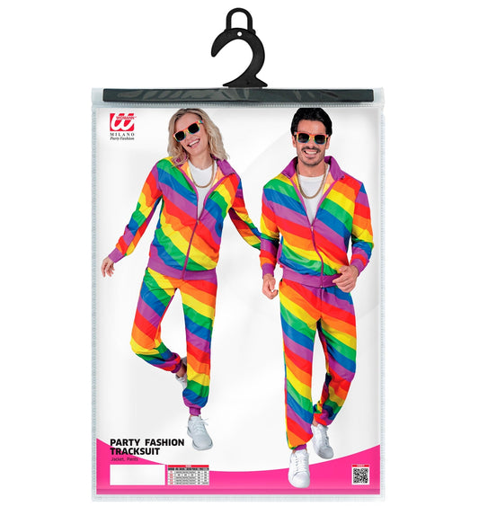 Unisex rainbow neon tracksuit with full-zip jacket and pants in 80s/90s retro style.
