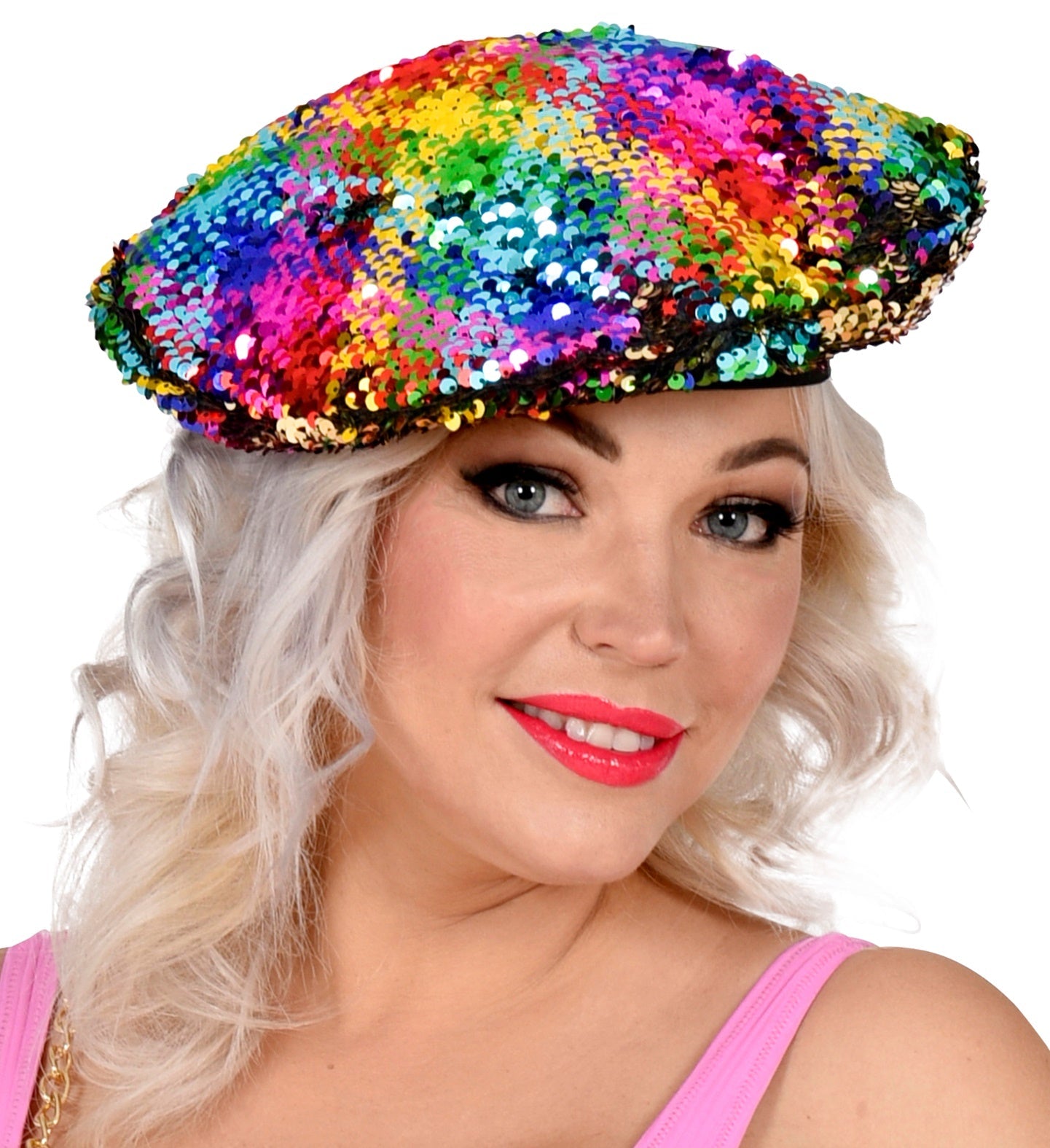 Widmann reversible sequin beret in rainbow and gold on a model.