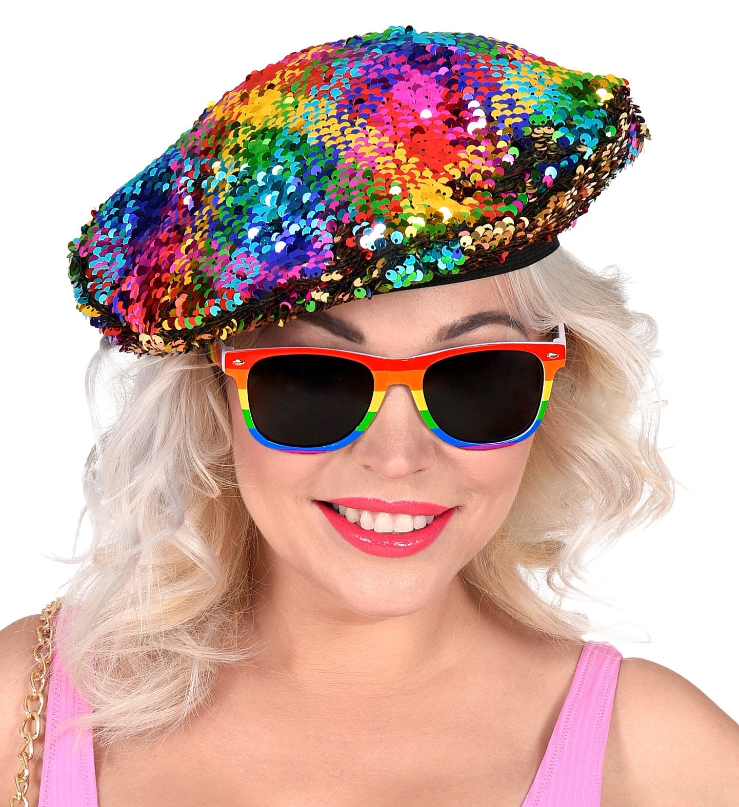 Widmann reversible sequin beret in rainbow and gold, shown on a model.