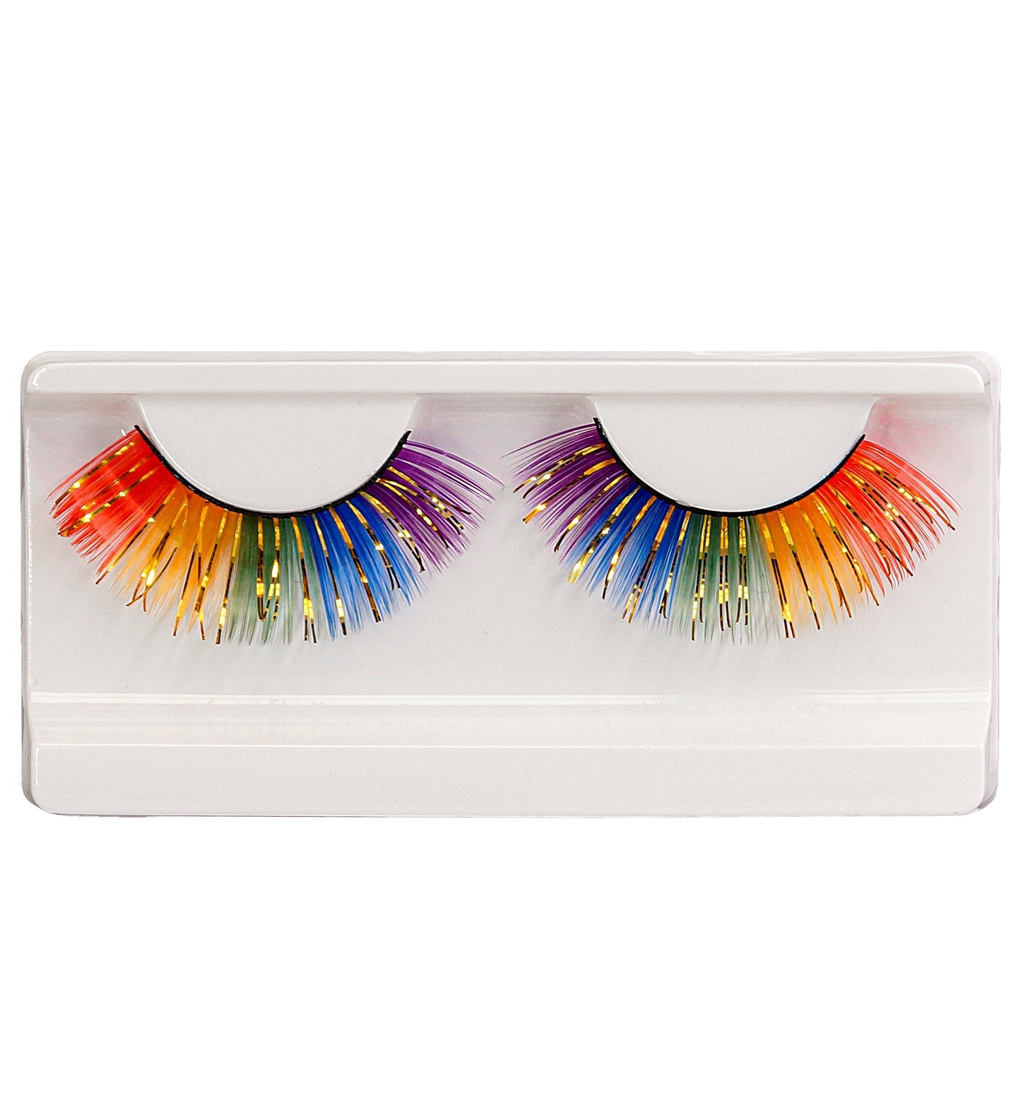 Zwei Paar bunte Regenbogen-Kunstwimpern mit Kleber in weißer Verpackung.
