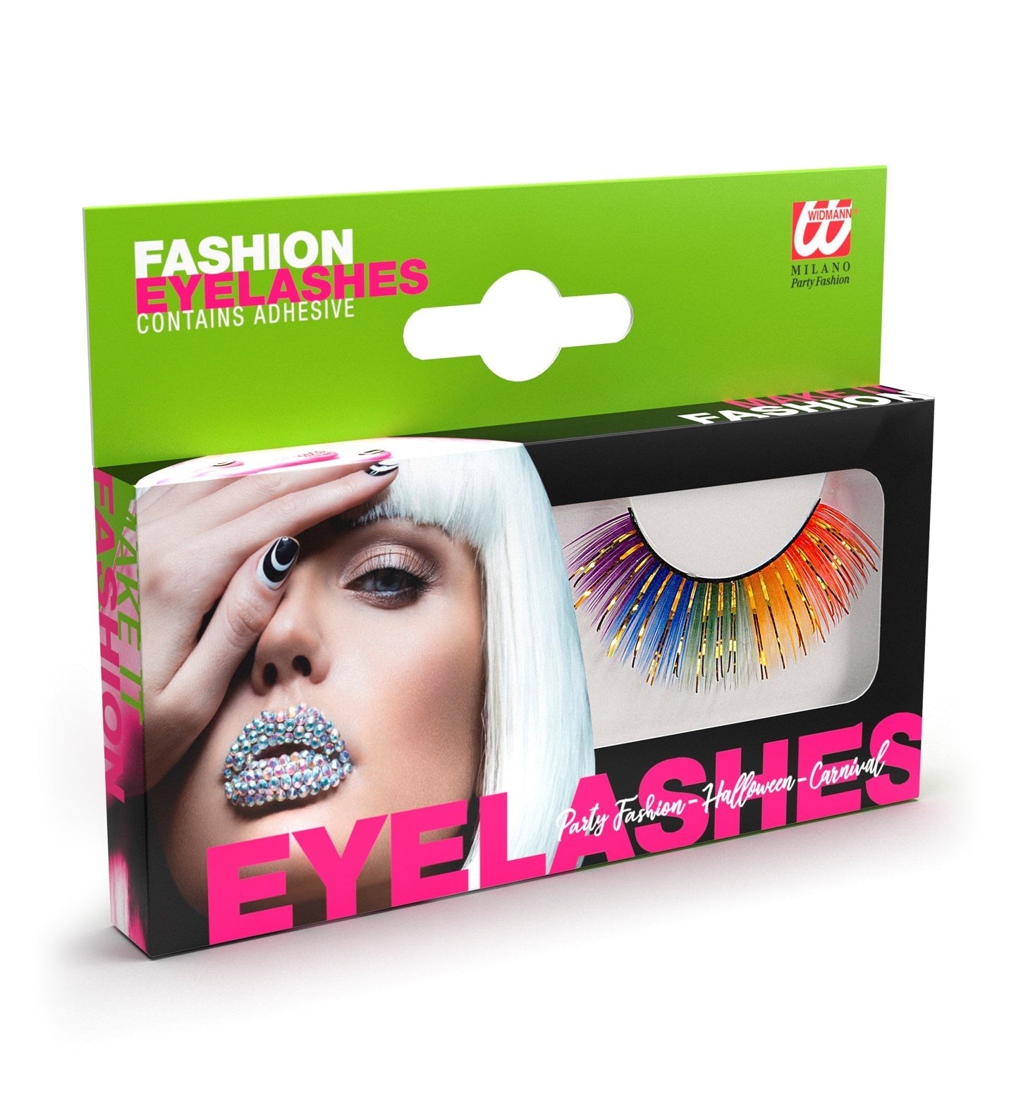 Widmann Rainbow Wimpern: 2 Paar bunte Kunstwimpern mit Kleber auf grüner Verpackung.