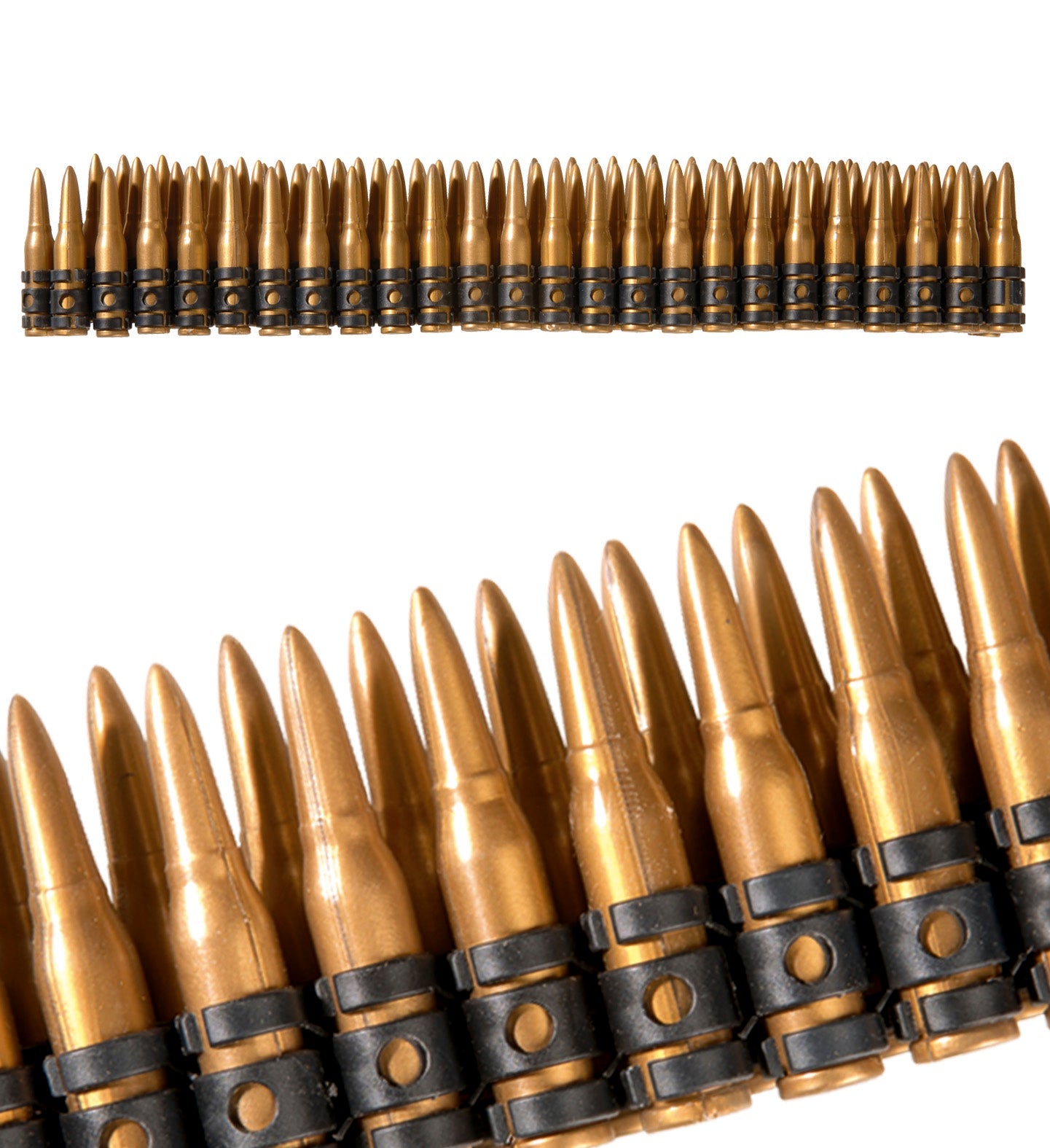 Realistic 96-cartridge shoulder bullet belt costume accessory with gold and black bullets.