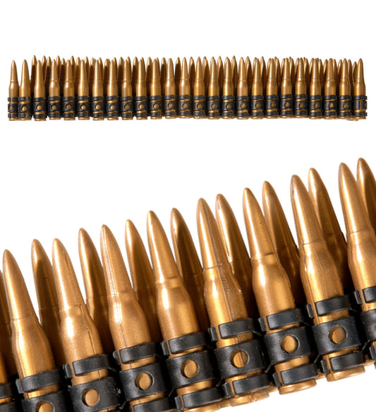 Realistic 96-cartridge shoulder bullet belt costume accessory with gold and black bullets.