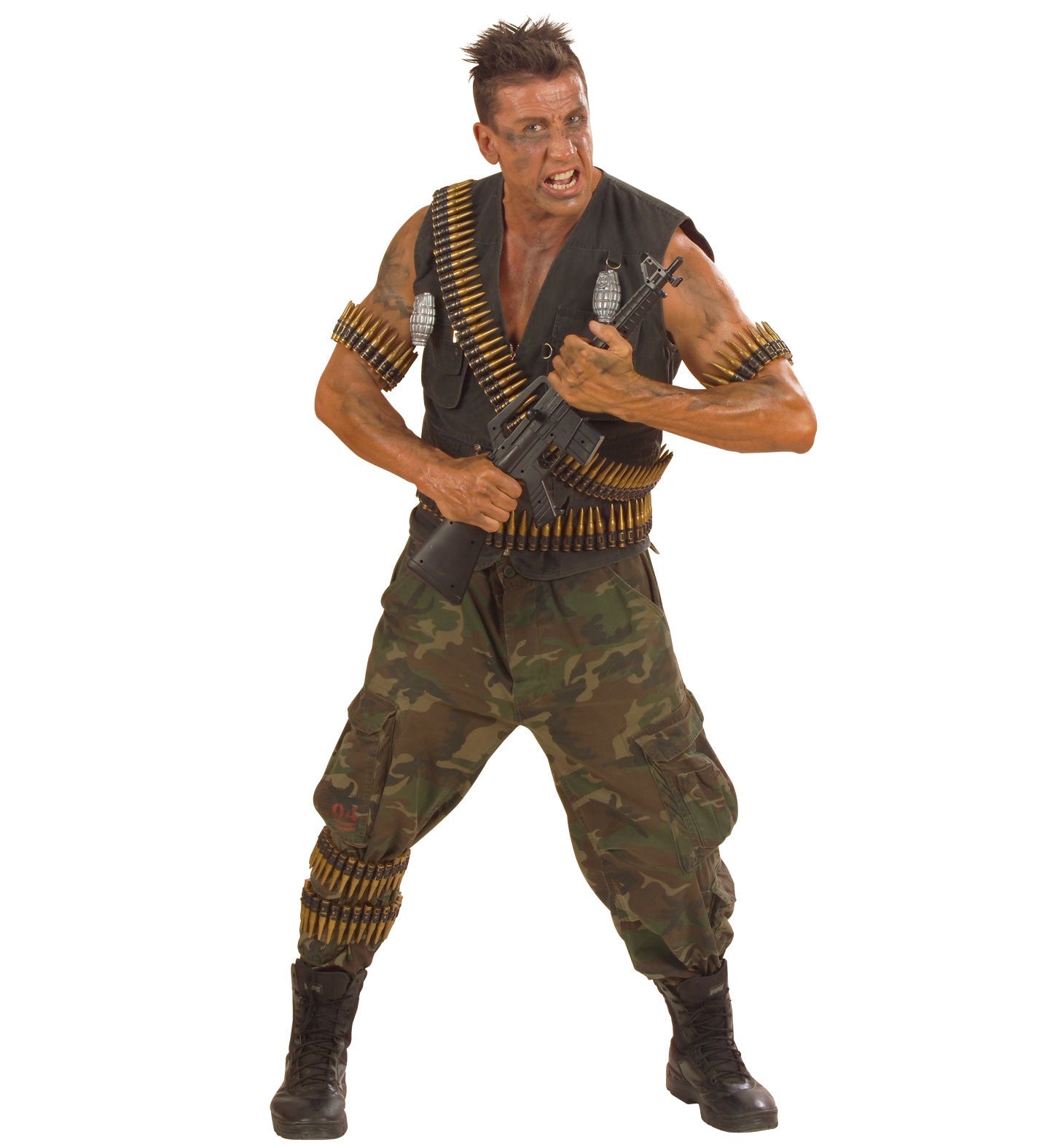 Realistic 96-cartridge shoulder bullet belt for costumes, draped across a muscular model.