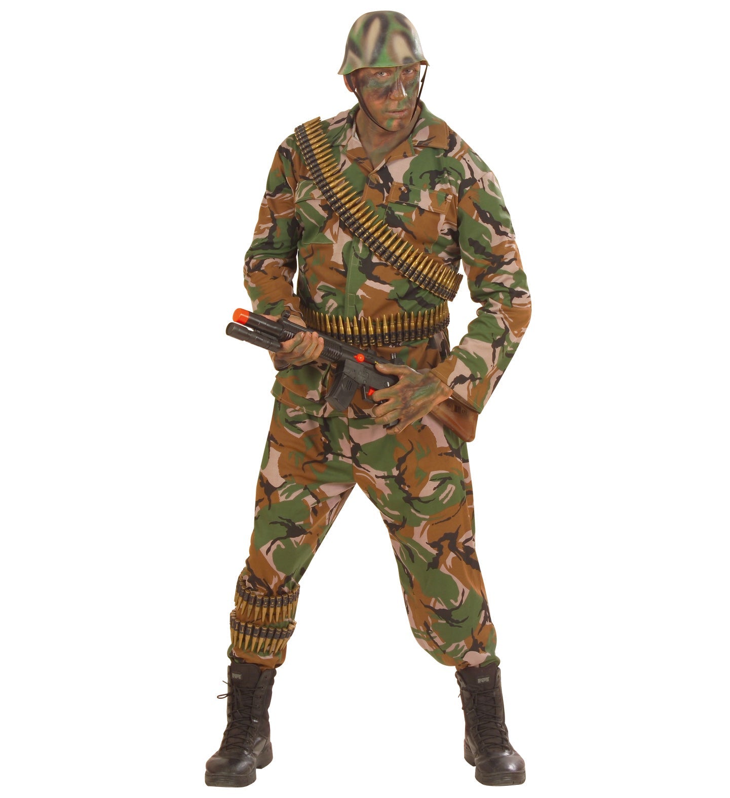 A realistic shoulder bullet belt with 96 molded cartridges, draped across a person's camouflage outfit.