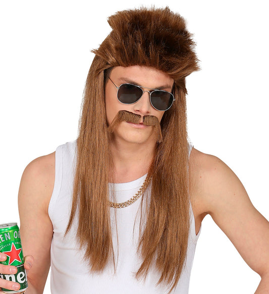 Brown synthetic wig with mustache for men, featuring long hair and aviator sunglasses.