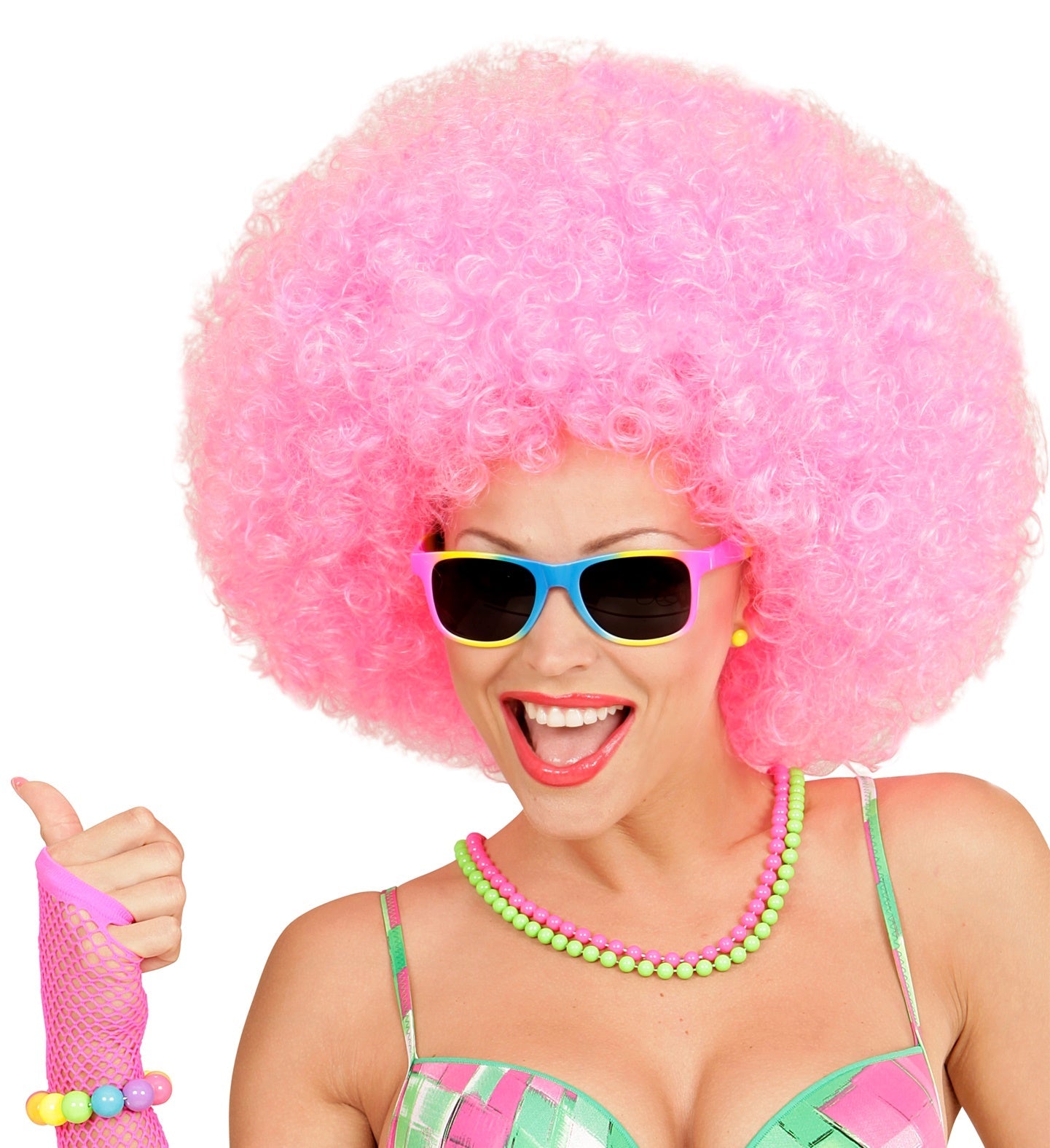 Rainbow sunglasses with dark lenses and colorful frames on a model.