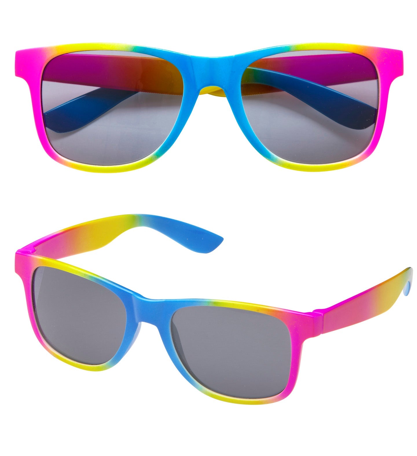 Rainbow sunglasses with dark lenses and colorful frames for festivals.