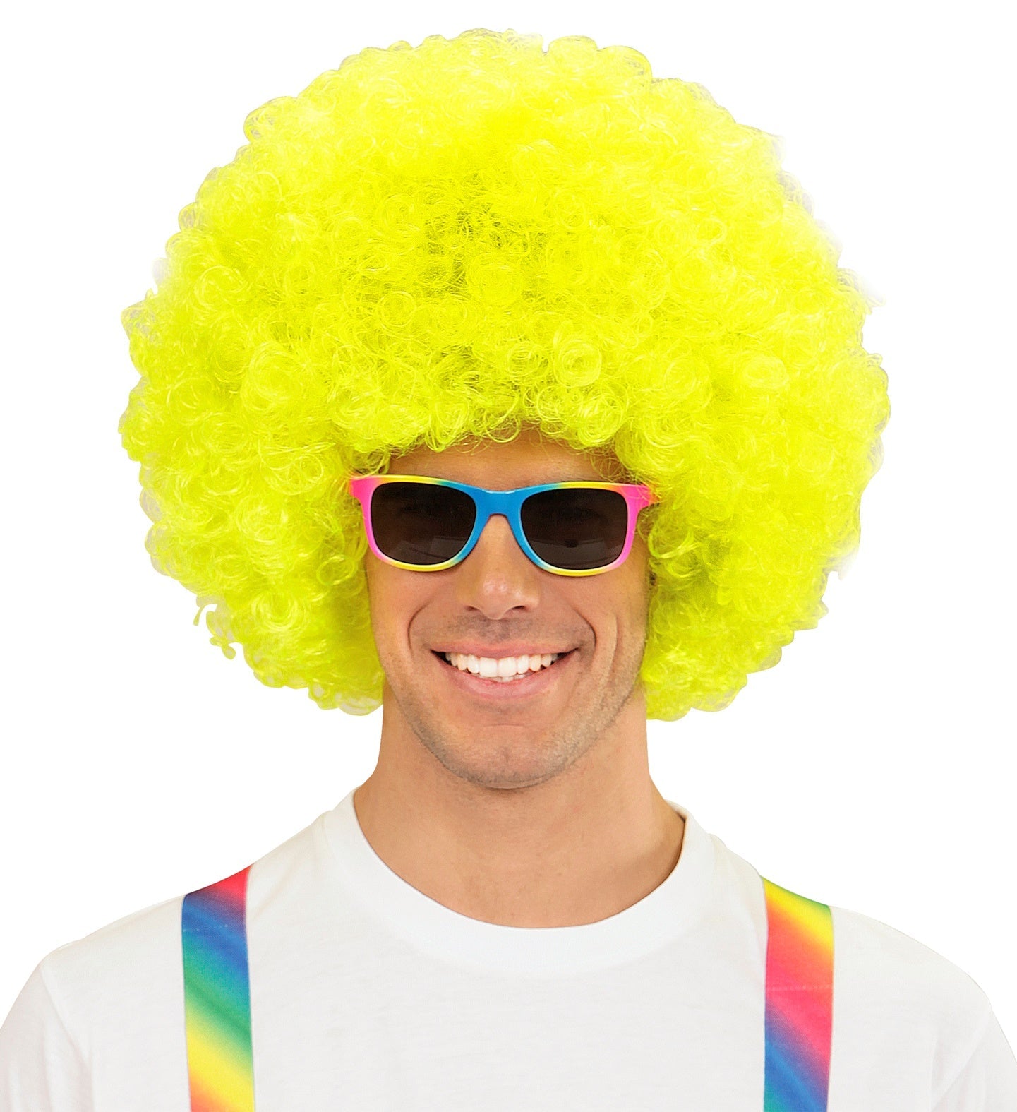 Man wearing bright yellow afro wig and rainbow sunglasses with dark lenses.