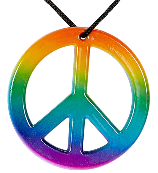 Rainbow peace symbol pendant on 45cm black chain.