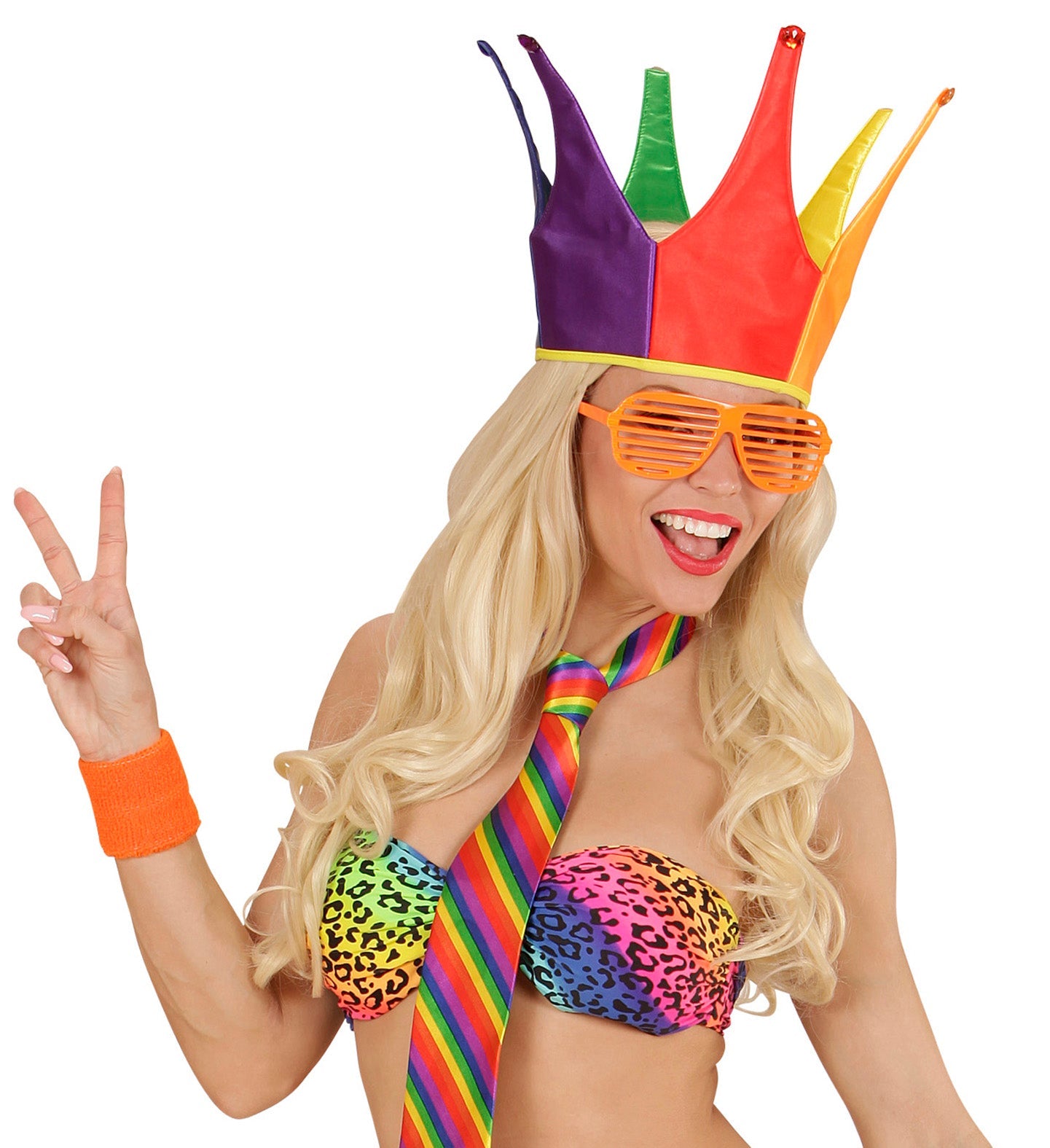 Neon rainbow crown with multicolored segments on a white background.