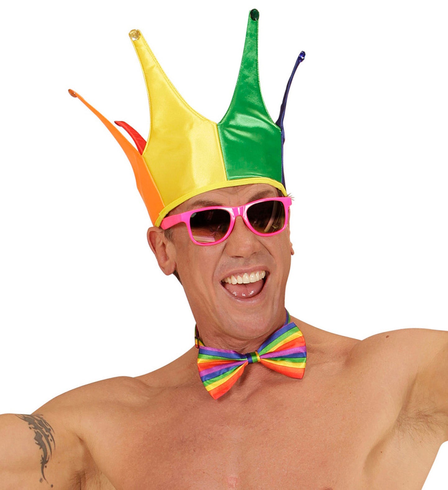A neon rainbow jester crown with multicolored spikes on a white background.