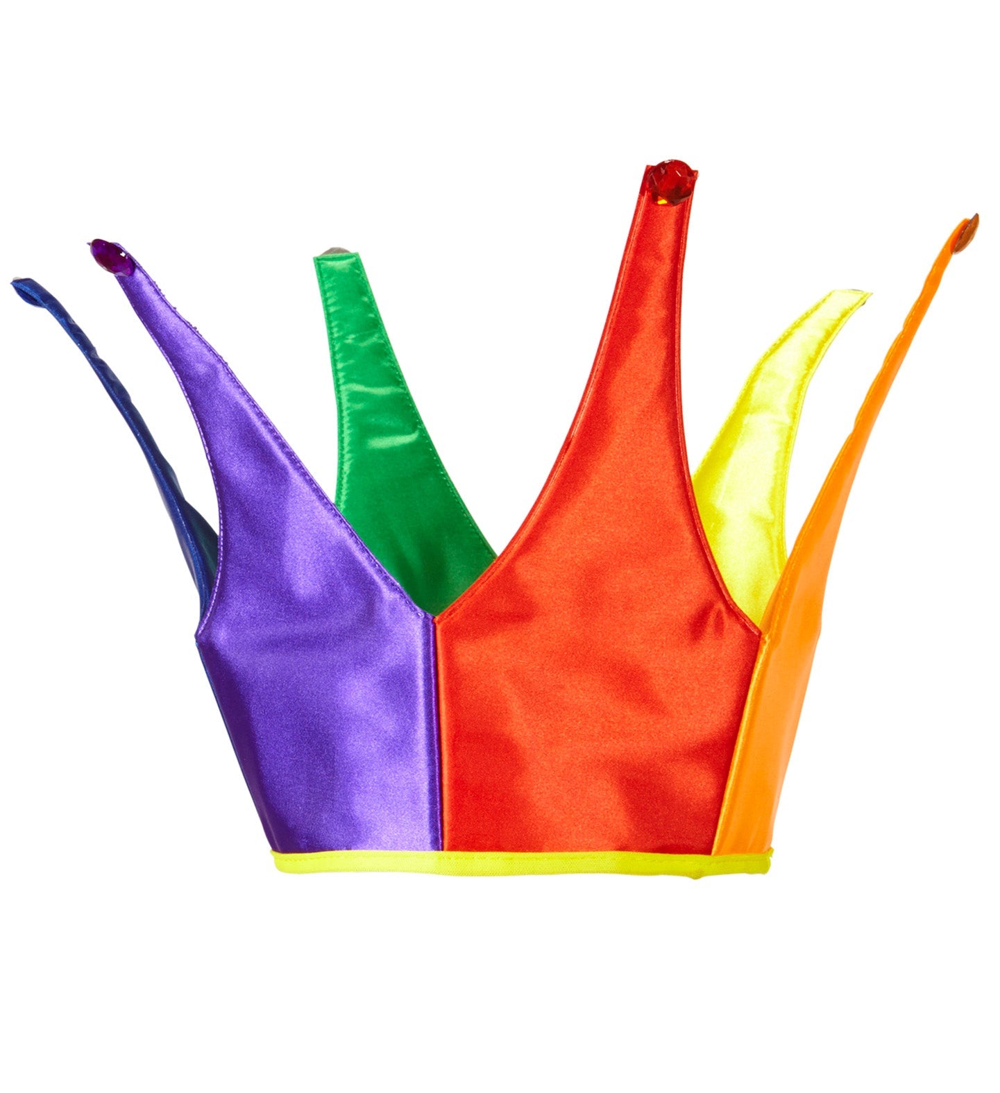 Colorful neon rainbow jester crown with pointed segments in purple, green, red, and yellow.