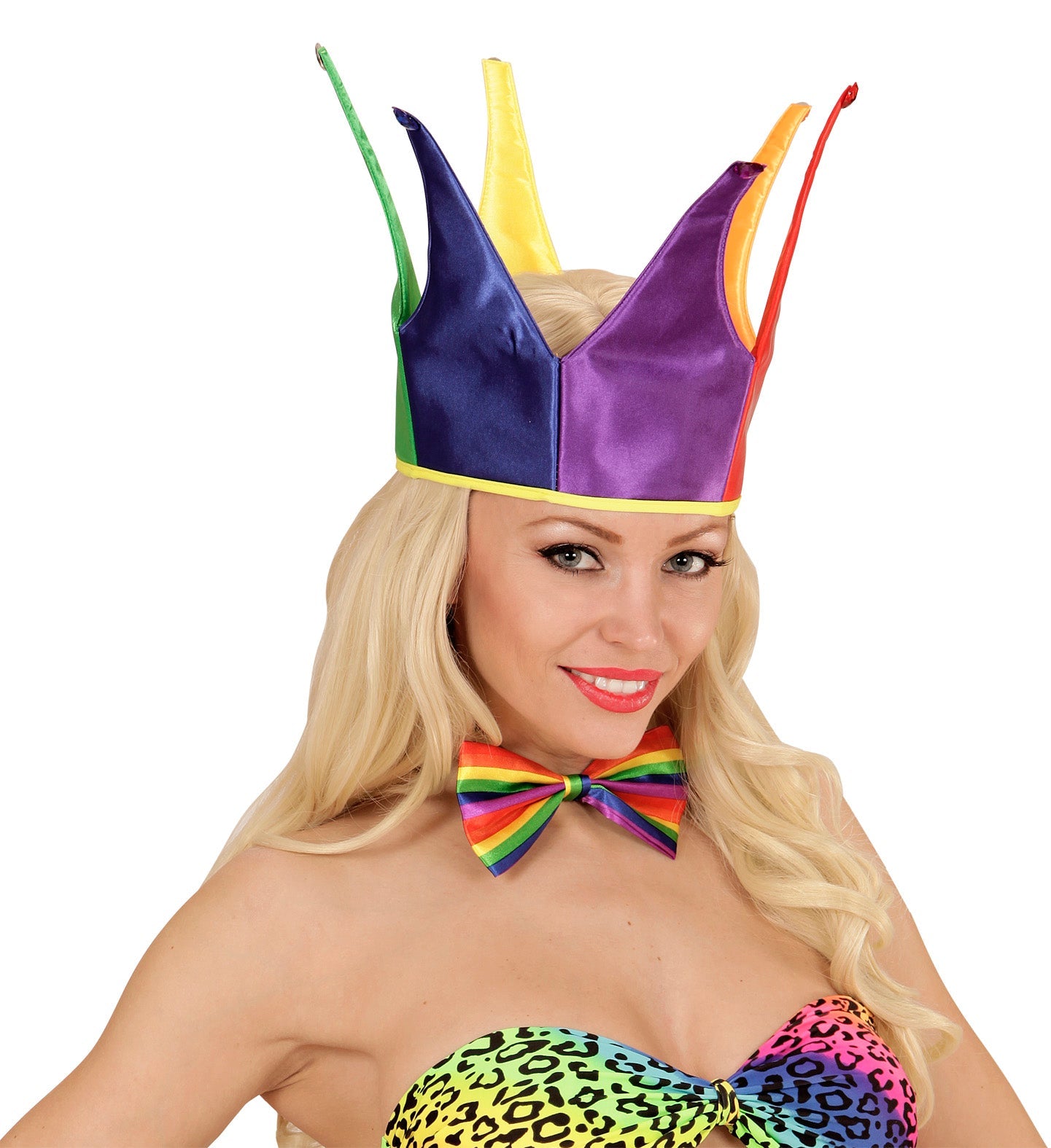 Blonde woman modeling neon rainbow jester crown and bowtie.