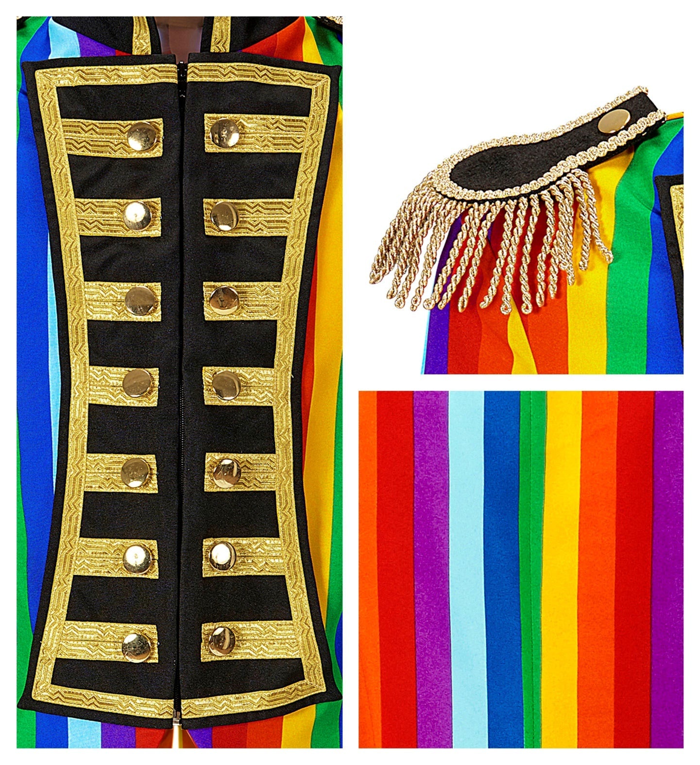 Lebendiges Regenbogen-Paradefrack für Damen mit Slim-Cut und goldenen Knöpfen.