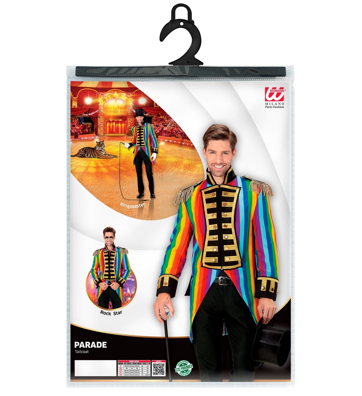 Leichter Regenbogen-Paradefrack für Herren mit bunten Streifen und Zylinder.