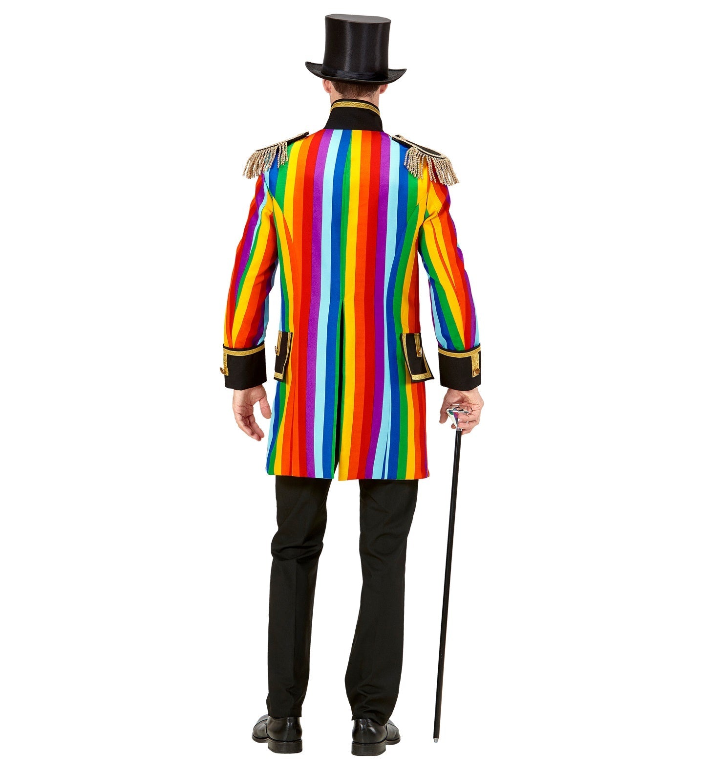 Rückansicht eines Mannes in leichter Regenbogen-Paradefrack mit Zylinder und Stock.