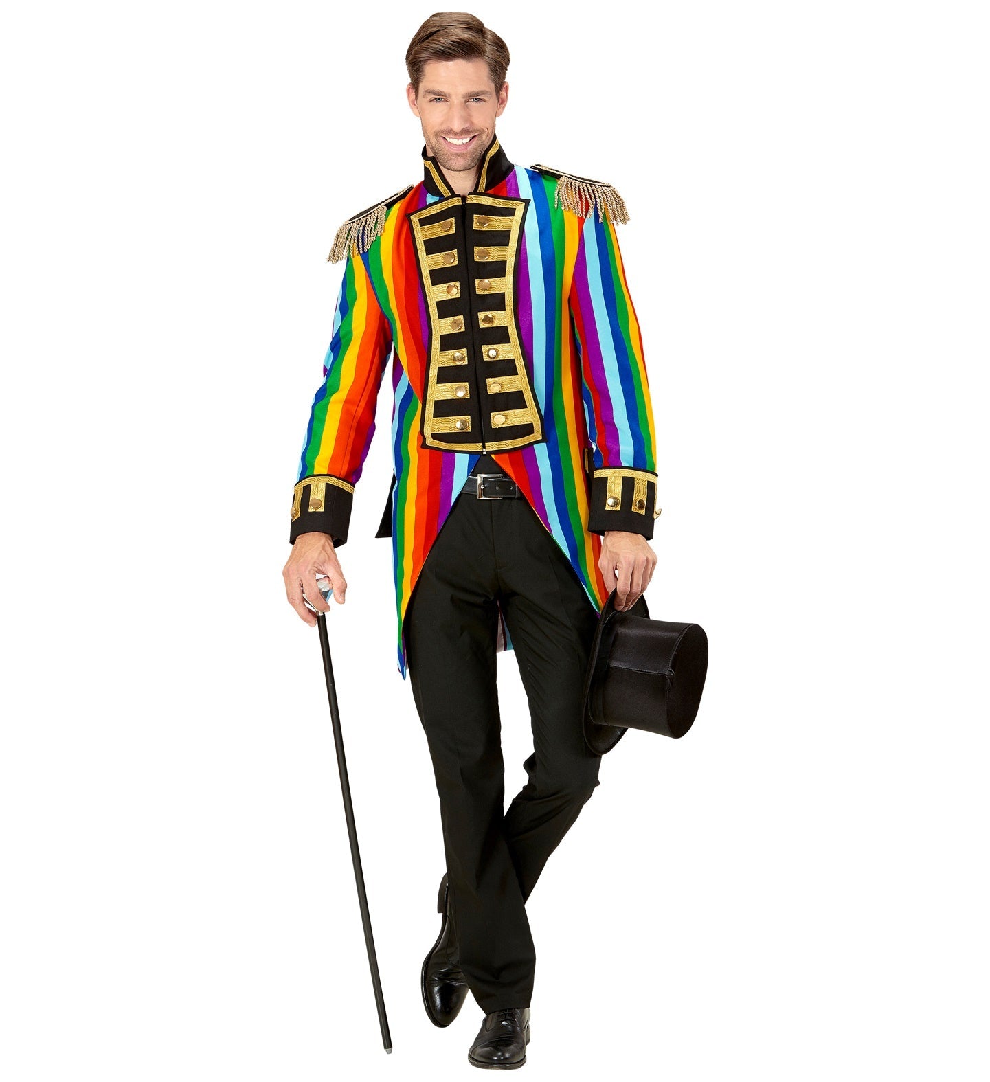 Man in leichter Regenbogen-Paradefrack mit Zylinder und Stock.