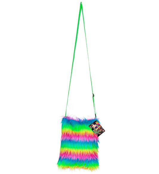 Bunte Neon-Umhängetasche aus Plüsch mit Regenbogenstreifen und Reißverschlussfach