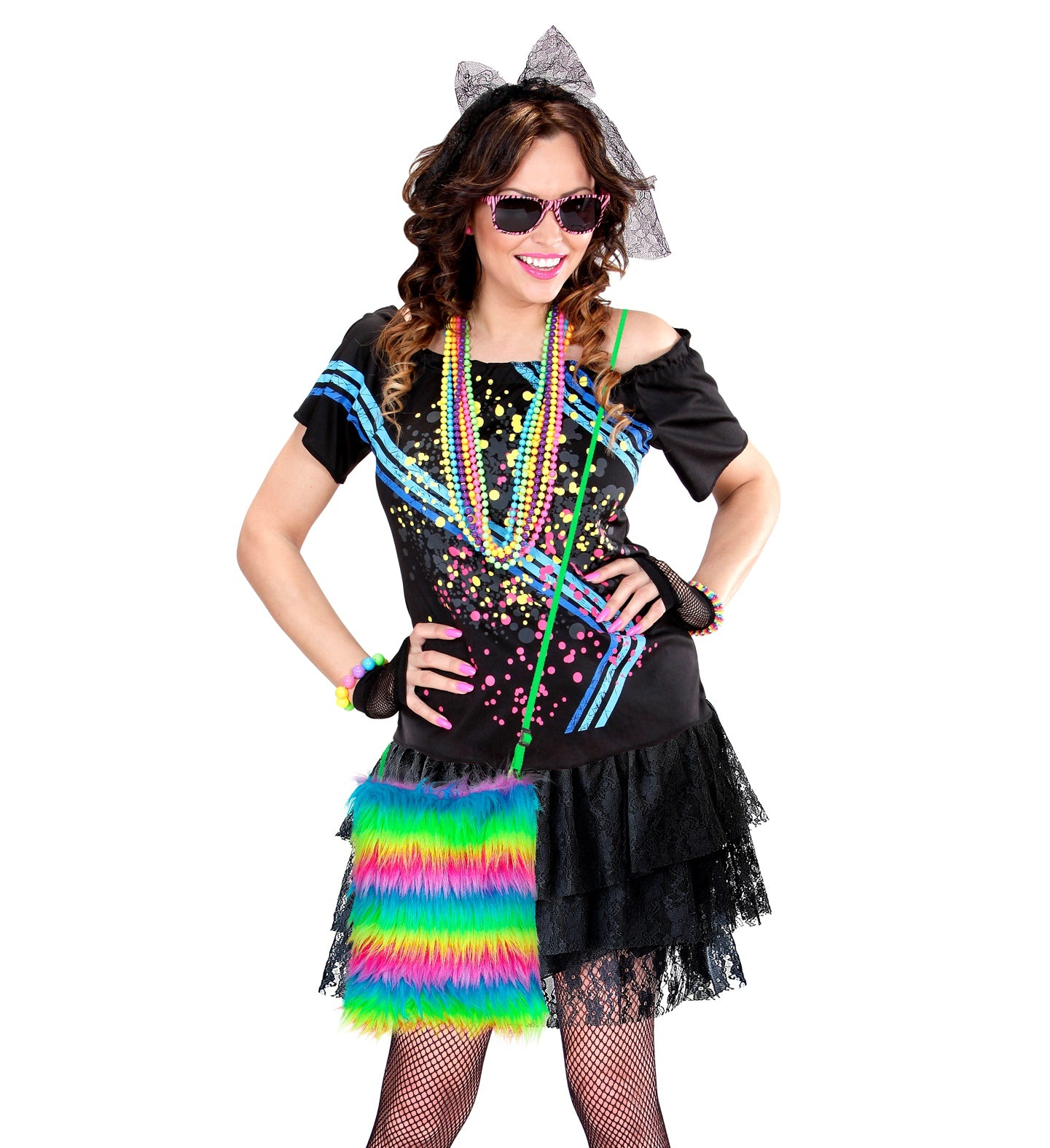 Neonfarbene Umhängetasche aus Plüsch mit Regenbogenstreifen und verstellbarem Tragegurt.