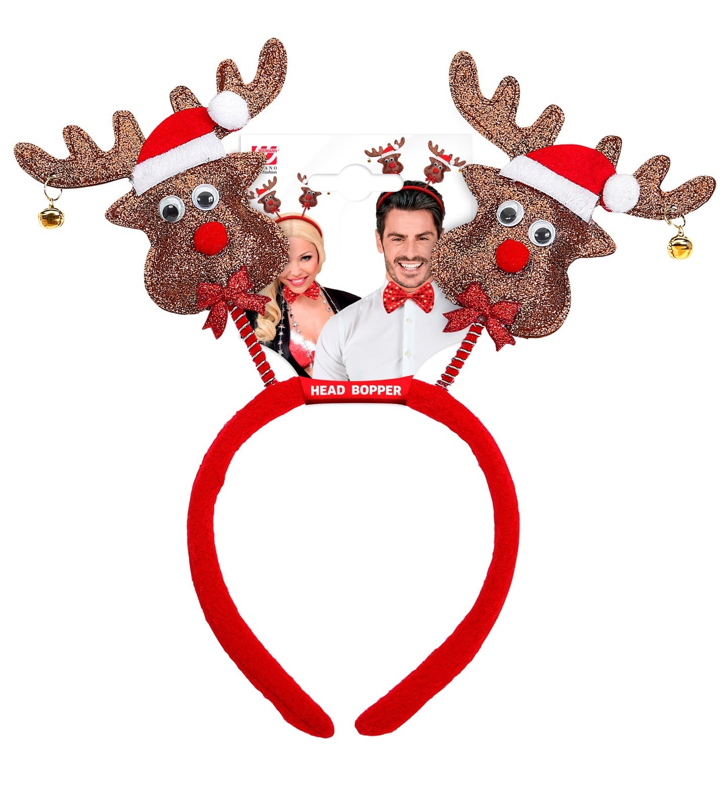 Braunes Filz-Haarreif mit Rentiergeweih und goldenen Glöckchen für Weihnachten.