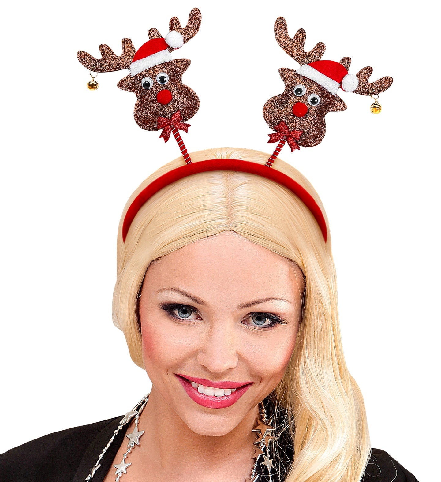 Braunes Filz-Haarreif mit Rentiergeweih und goldenen Glocken für festliche Anlässe