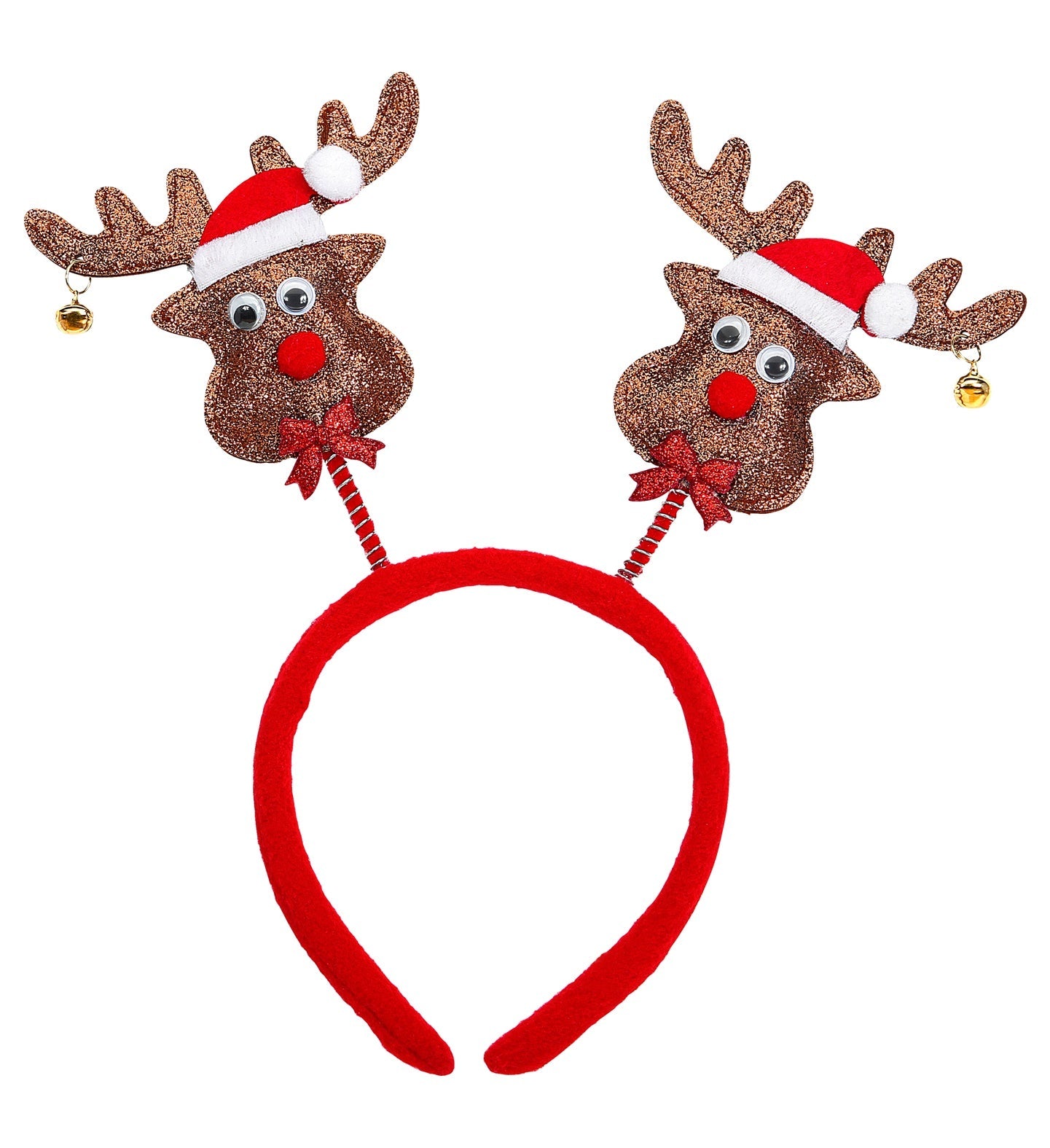 Brauner Haarreif mit Rentiergeweihen und goldenen Glöckchen auf einem weichen Filzmaterial.