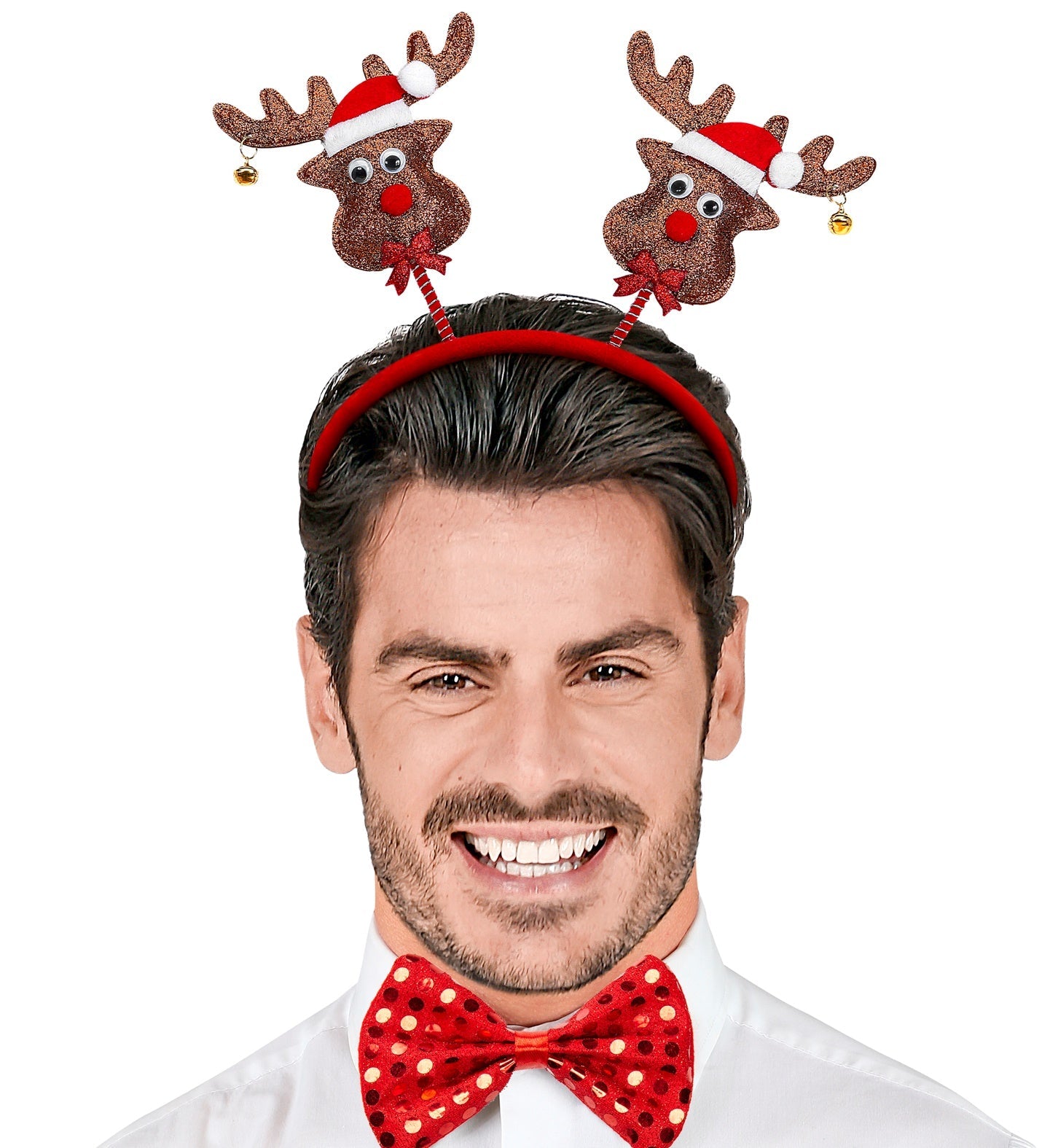 Brauner Filz-Haarreif mit Rentiergeweihen und goldenen Glöckchen für festliche Anlässe.