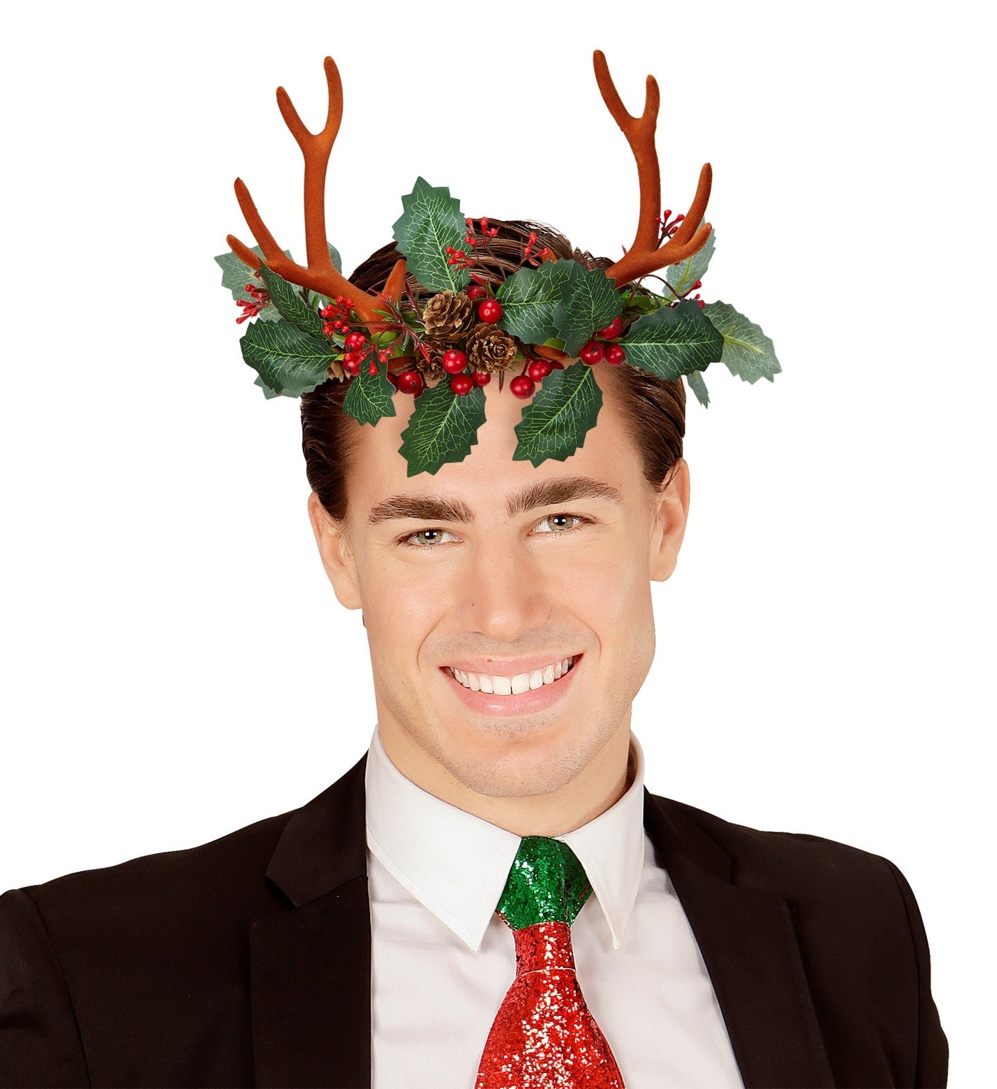 Brauner Rentier-Haarreif mit Stechpalmenblättern und Zapfen auf elastischem Stirnband.