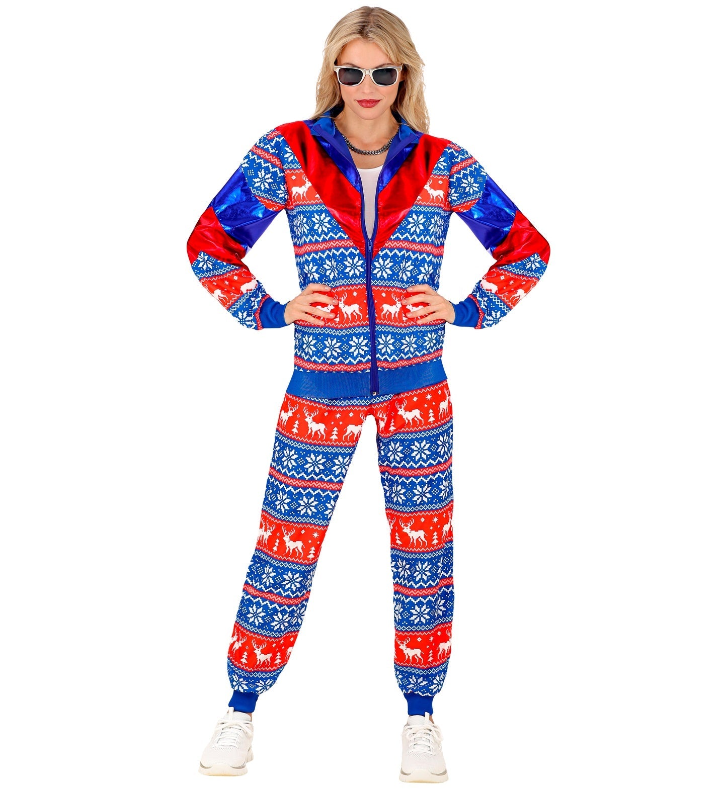 Woman in blue and red reindeer-patterned fleece-lined tracksuit with zipper.