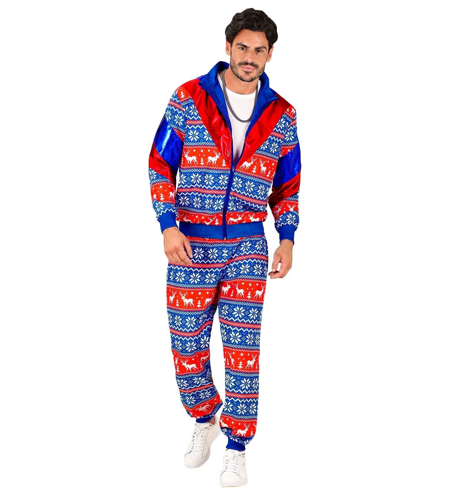 Man in red and blue reindeer Norwegian fleece-lined tracksuit with hood and zipper.